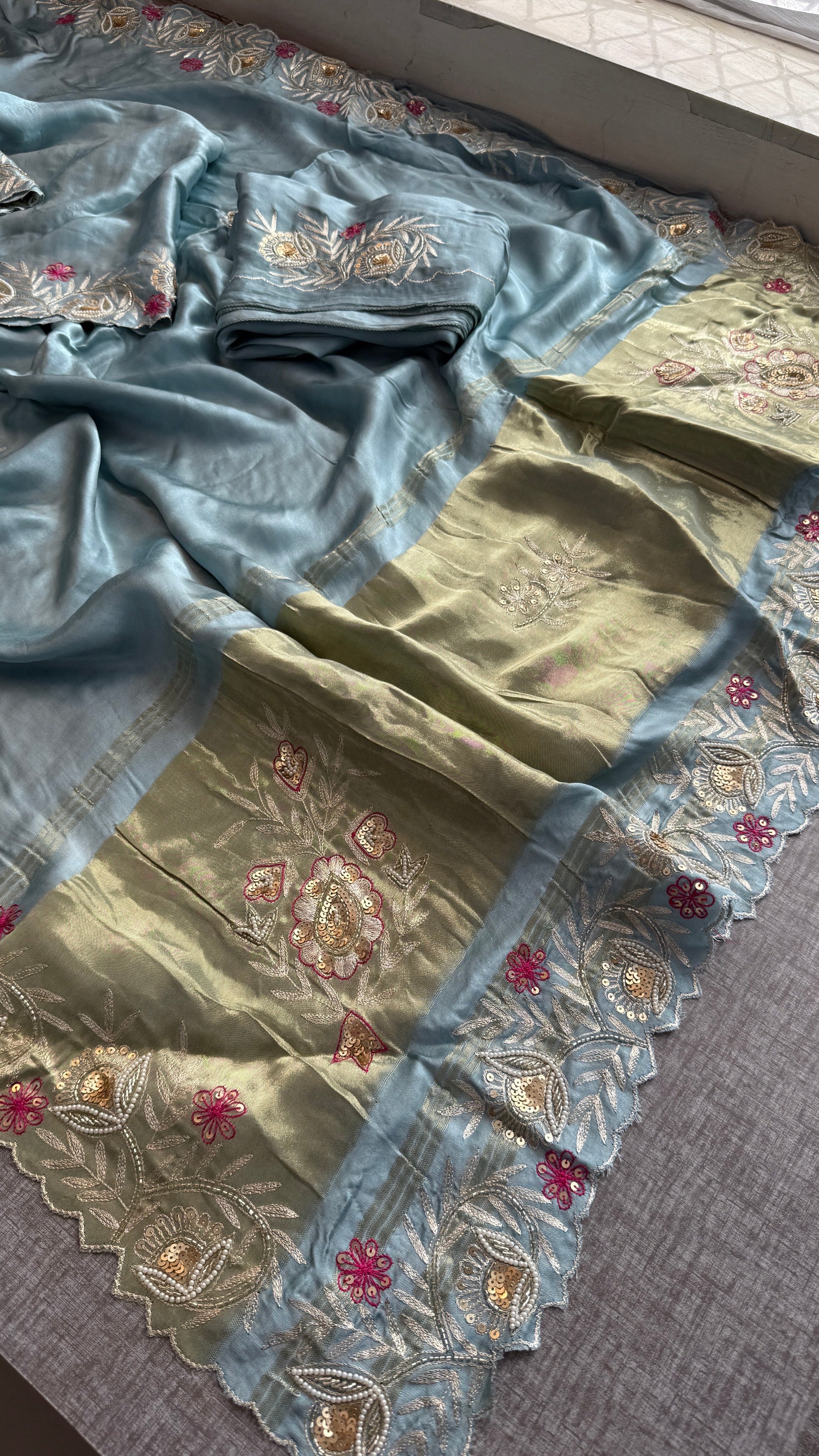 Designer Pure Gajji Silk Saree with Aari, Cutdana, and Gota Patti Handwork with Blouse