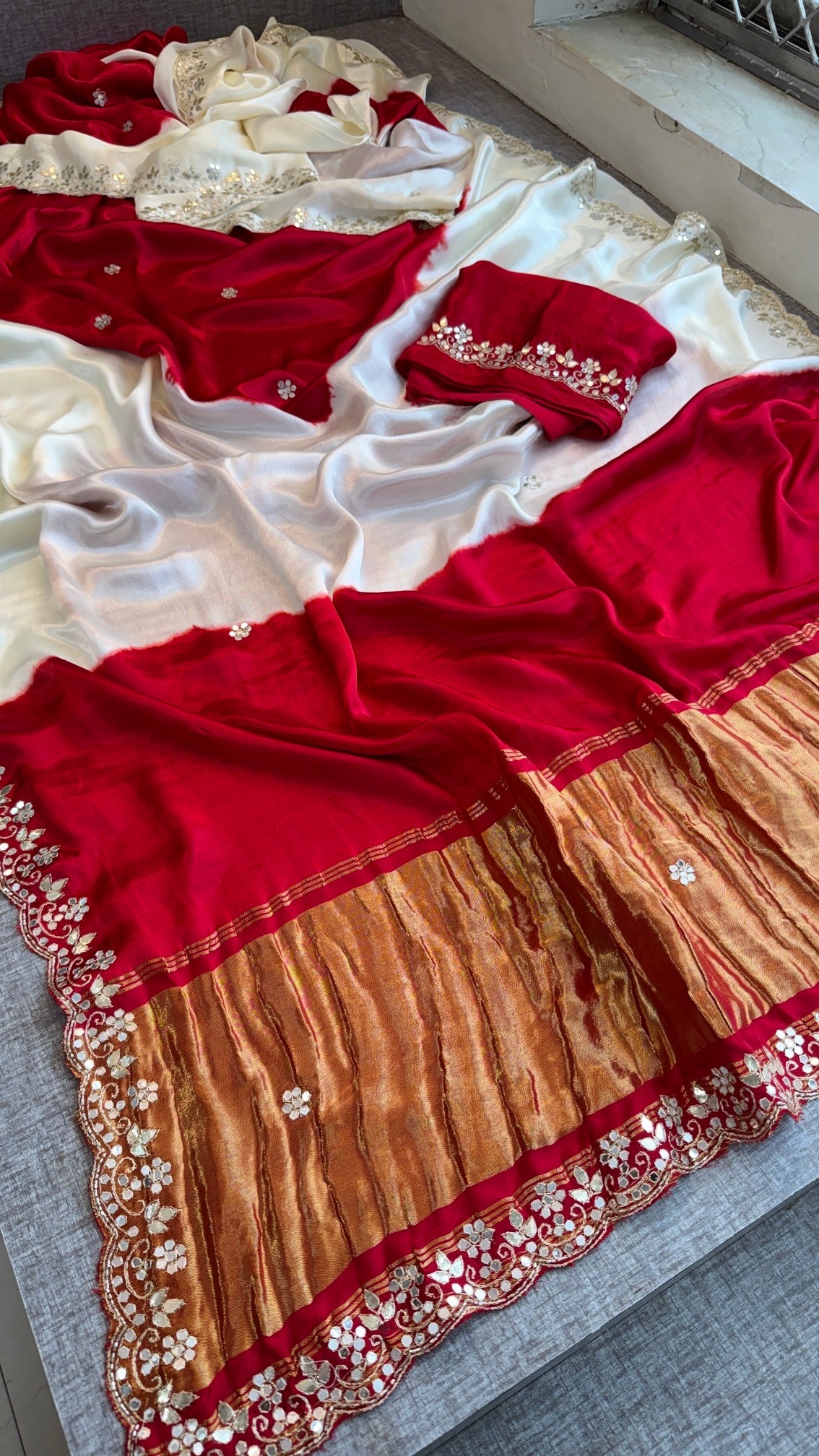 Exquisite Dual-Shade Pure Gajji Silk Saree with Traditional Gota Patti & Mirror Work