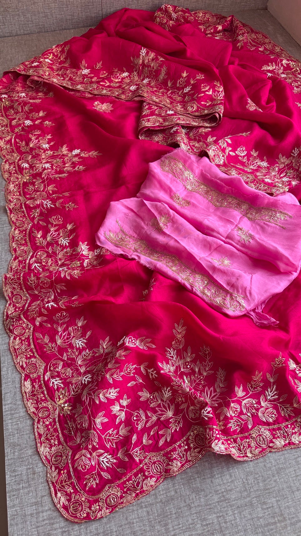 Designer Pure Munga Silk Saree with Floral Handwork & Embellished Border