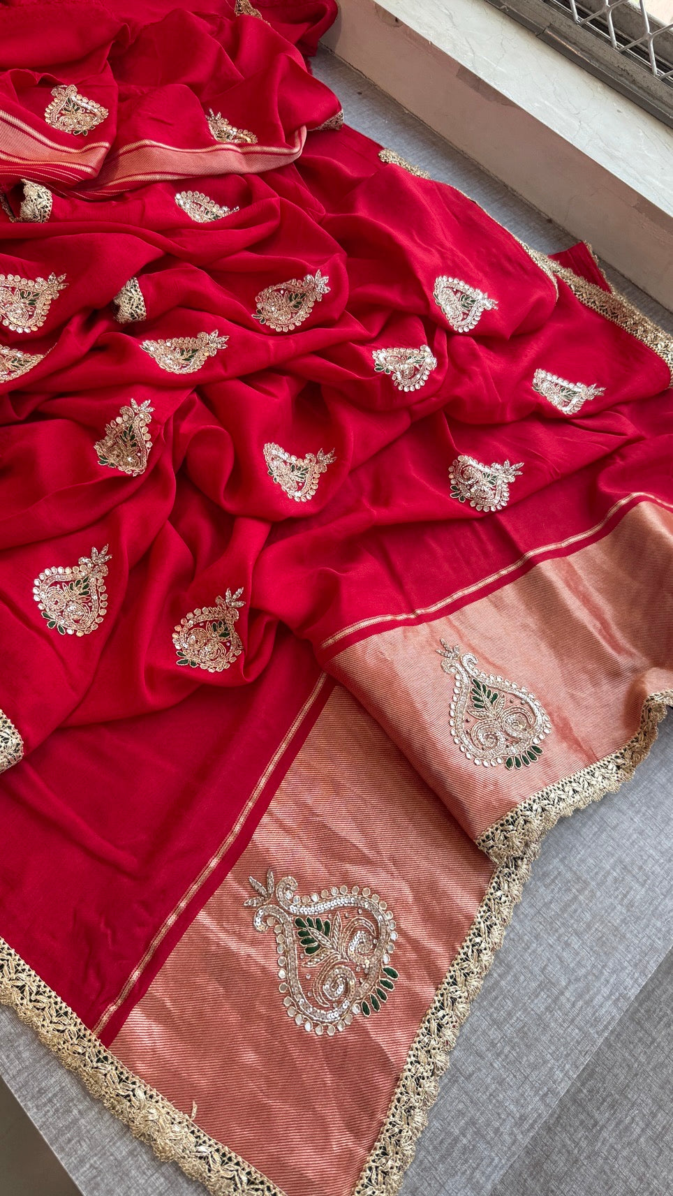 Pure Munga Silk Lakdi Patta Banarasi Saree with Gotapatti, Zardozi & Pearl Work