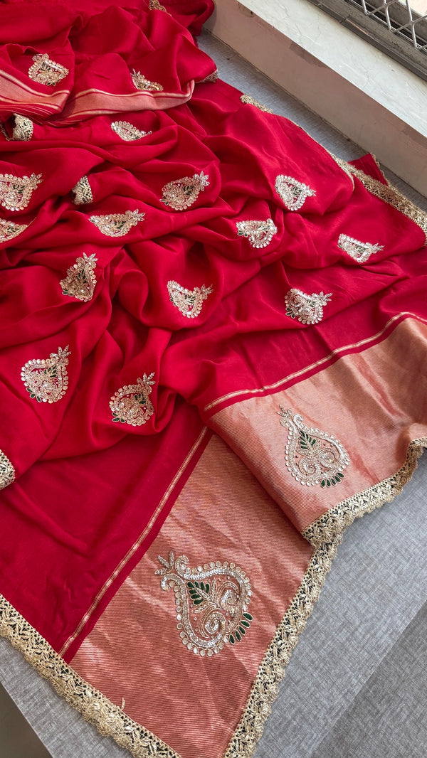 Pure Munga Silk Lakdi Patta Banarasi Saree with Gotapatti, Zardozi & Pearl Work