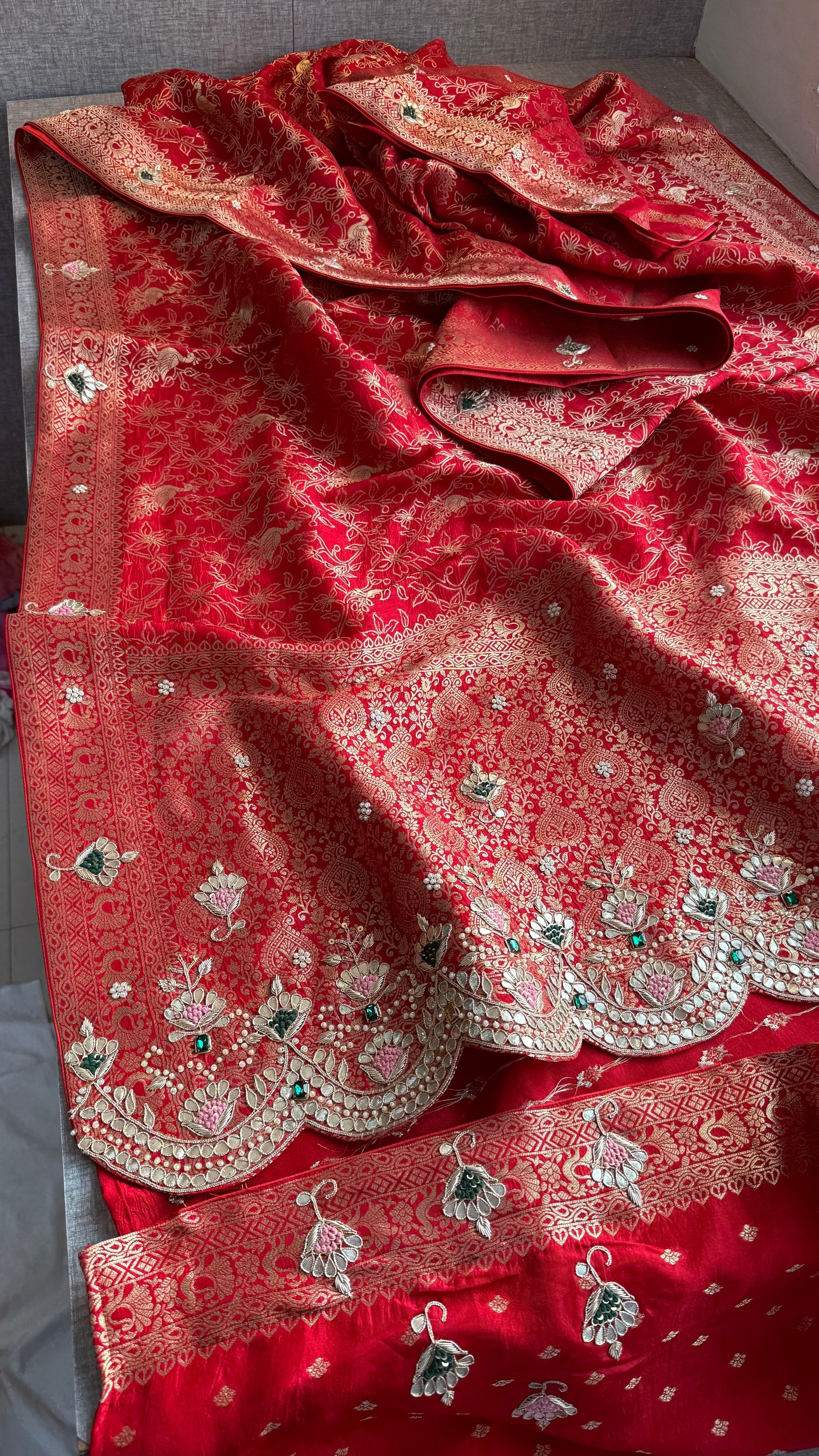 Luxury Munga Silk Banarasi Saree with Zardozi Gota Patti Pearl Sequin & Stone Handwork
