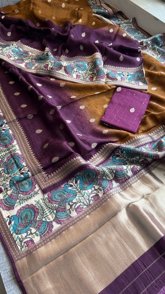 Soft Munga Silk Banarasi Kanni Weaving Saree with Madhubani Border