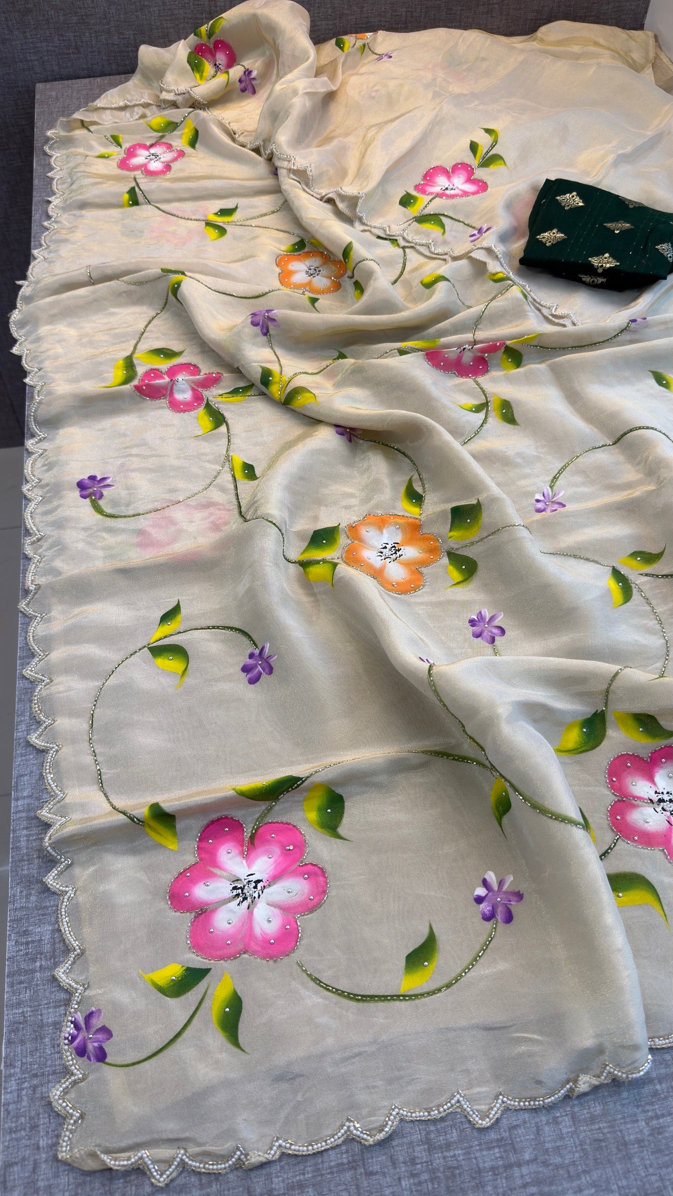 Exquisite Floral Hand-Painted Munga Silk Saree | Designer Ethnic Wear