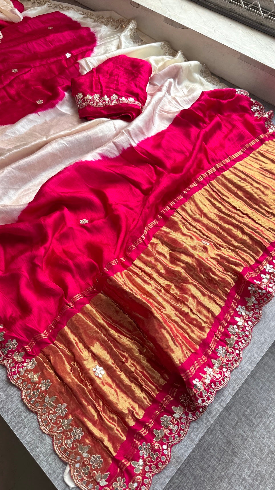 Handmade Off White and Pink Gajji Silk Saree with Gota Patti Work and Scalloped Border | Wedding & Festive Wear Indian Sari