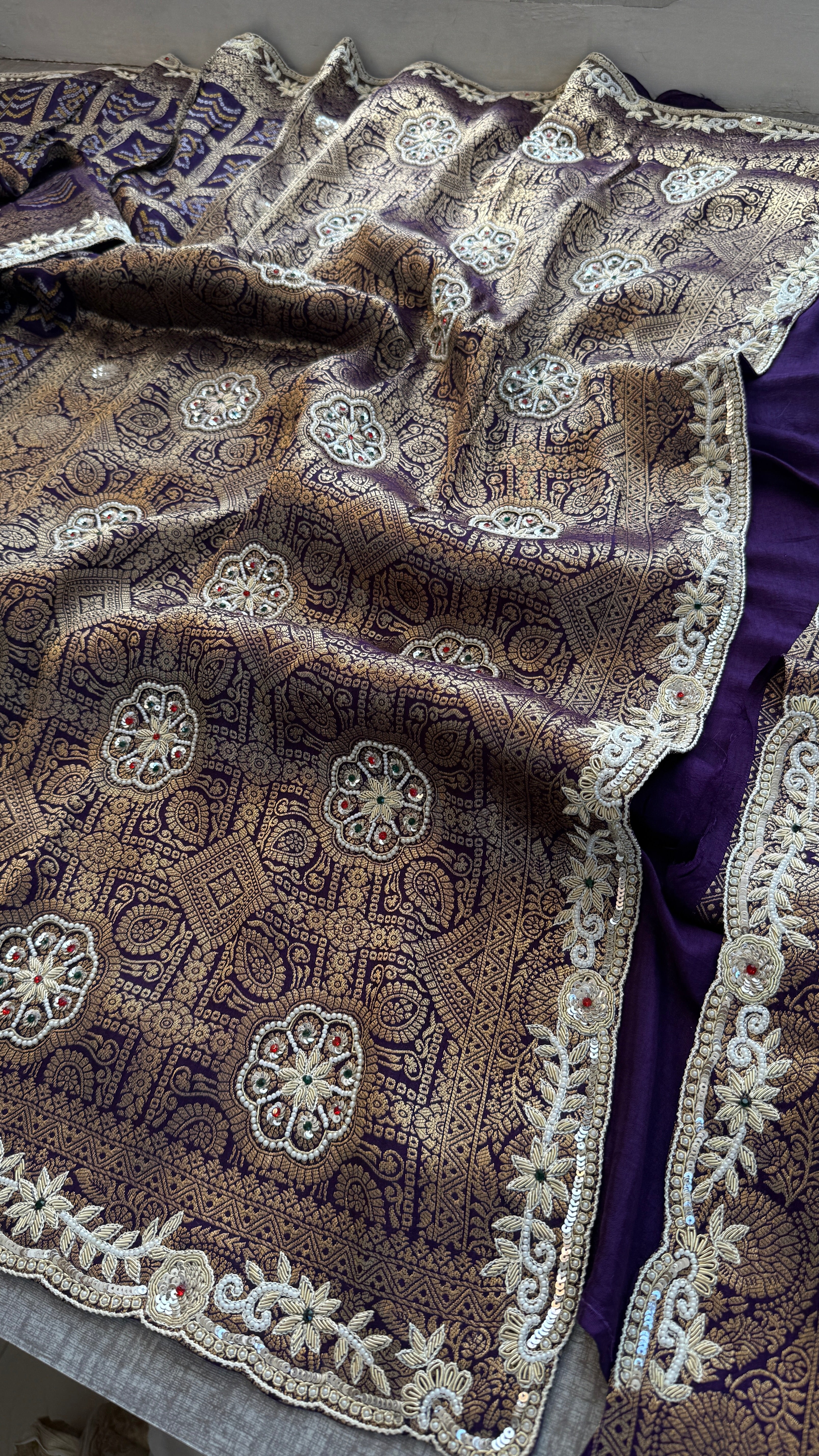 Pure munga silk banarasi weaving saree embelished with premium stones and pearl
