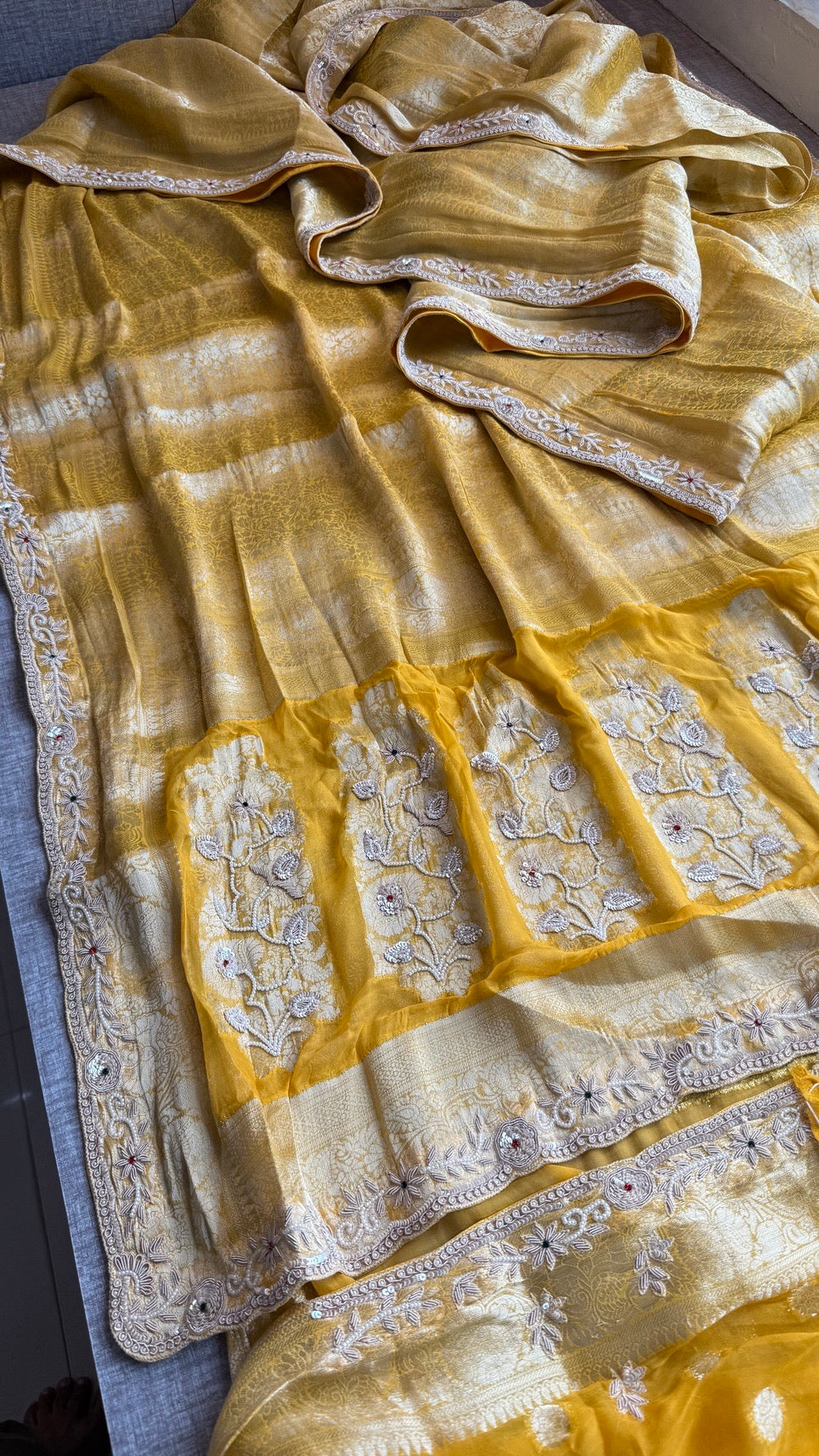 Wedding Wear Banarasi Khaddi Georgette Saree with Pearl Sequin Gotapatti Work