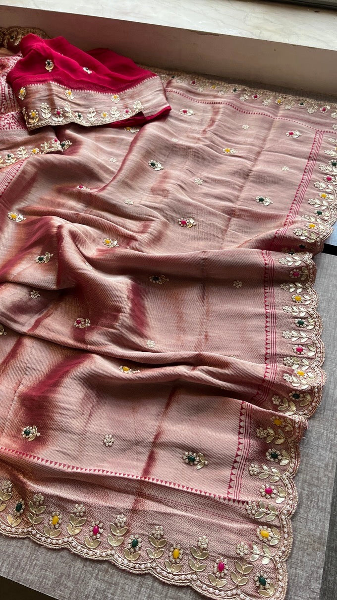 Royal Khaddi Georgette Banarasi Zari Weaving Saree with Gotapatti & Jewellery Stone Embellishment