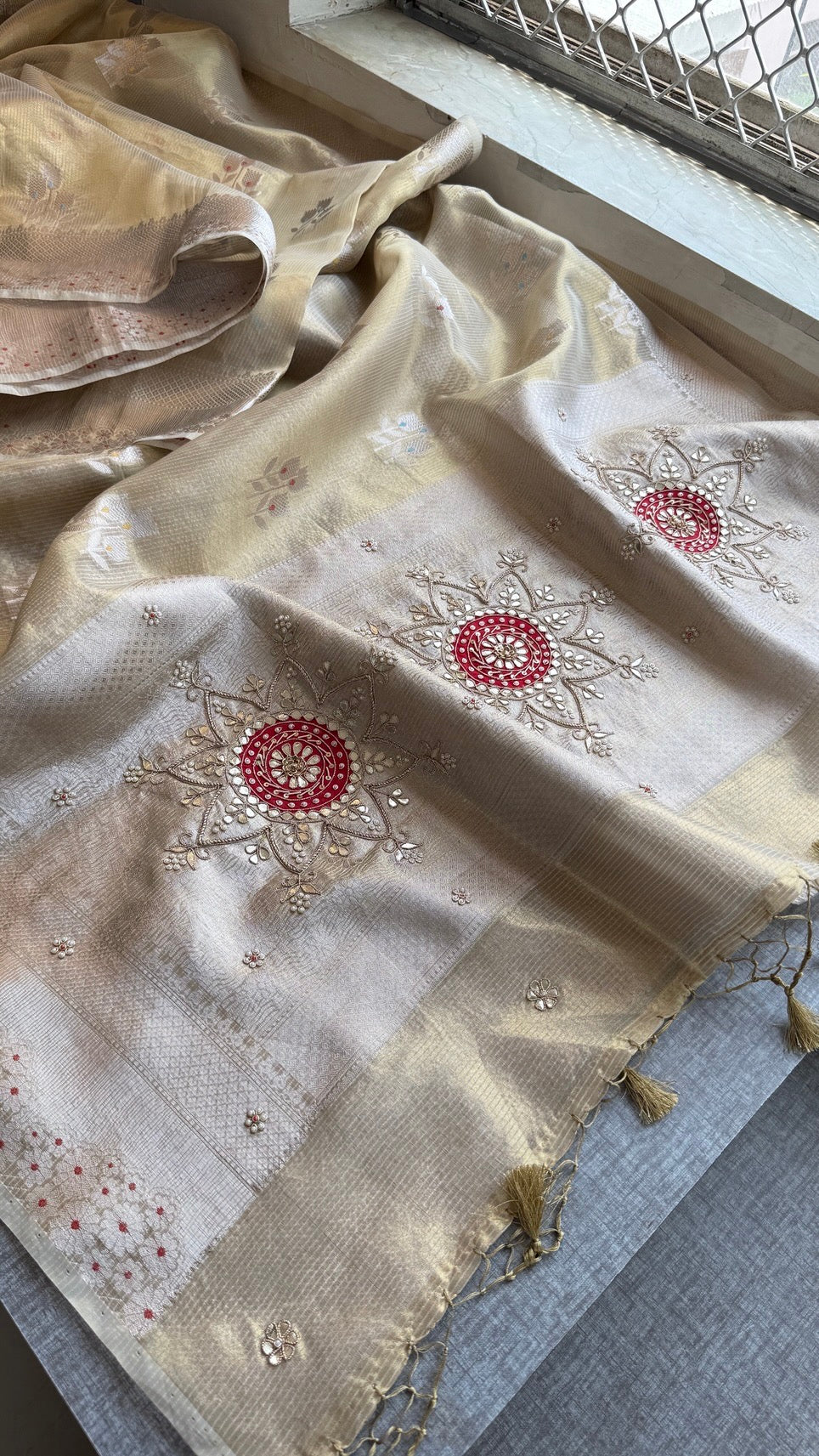 Pure Soft Tissue Silk Banarasi Weaving Saree with Heavy Zardozi & Gotapatti Work