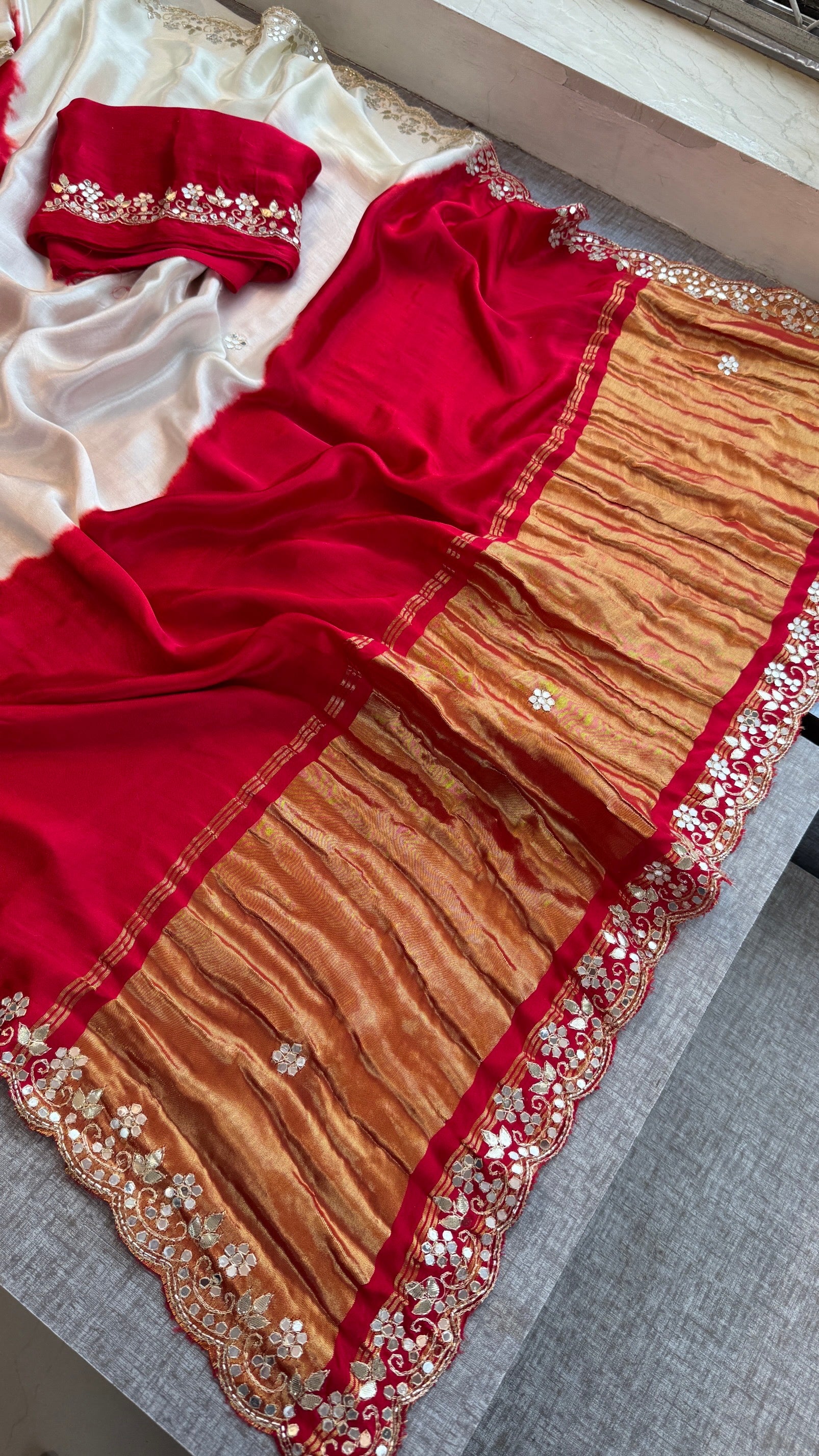 Exquisite Dual-Shade Pure Gajji Silk Saree with Traditional Gota Patti & Mirror Work