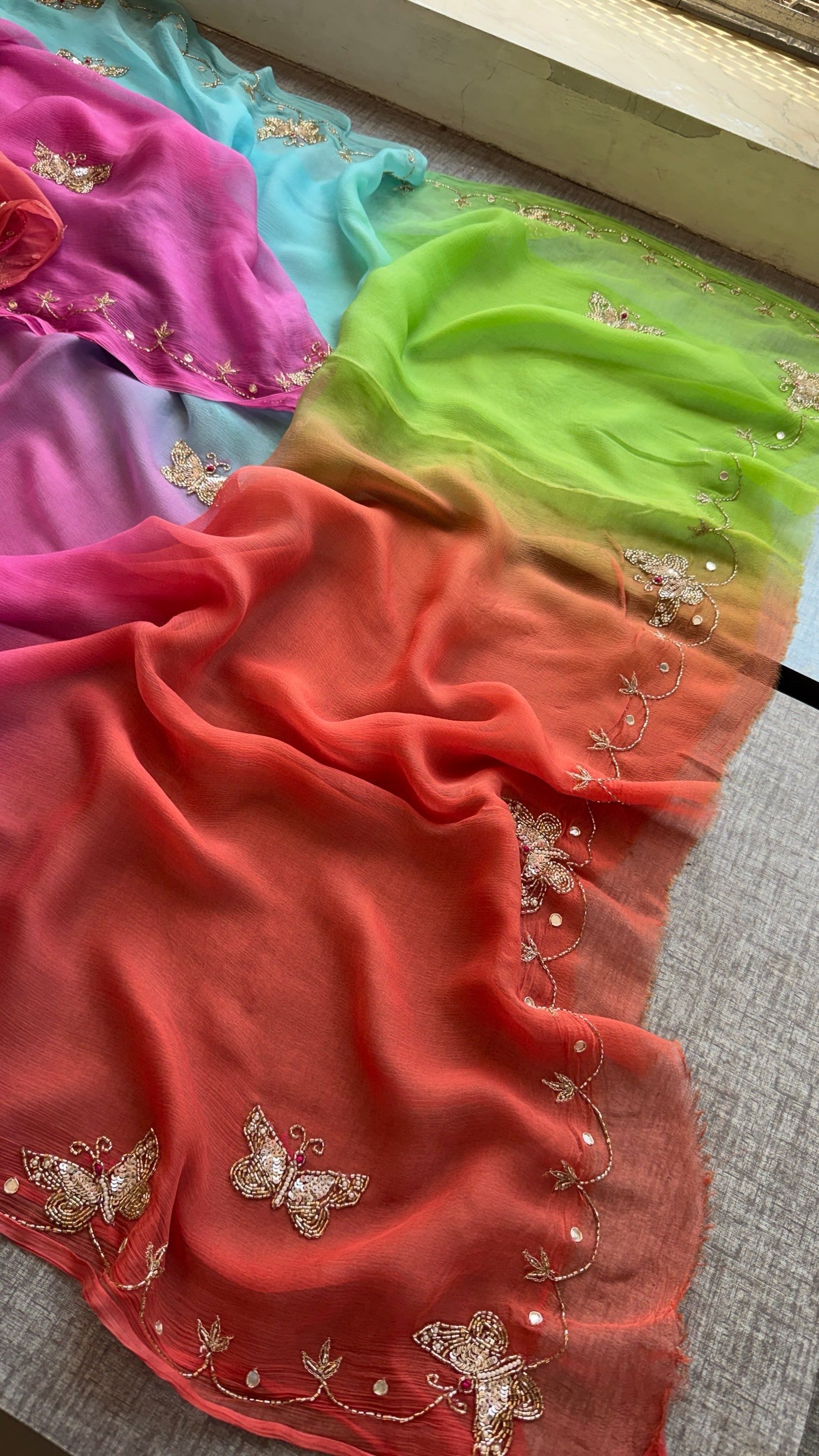 Pure diamond chiffon Saree with kutdana , sequins and pearl work