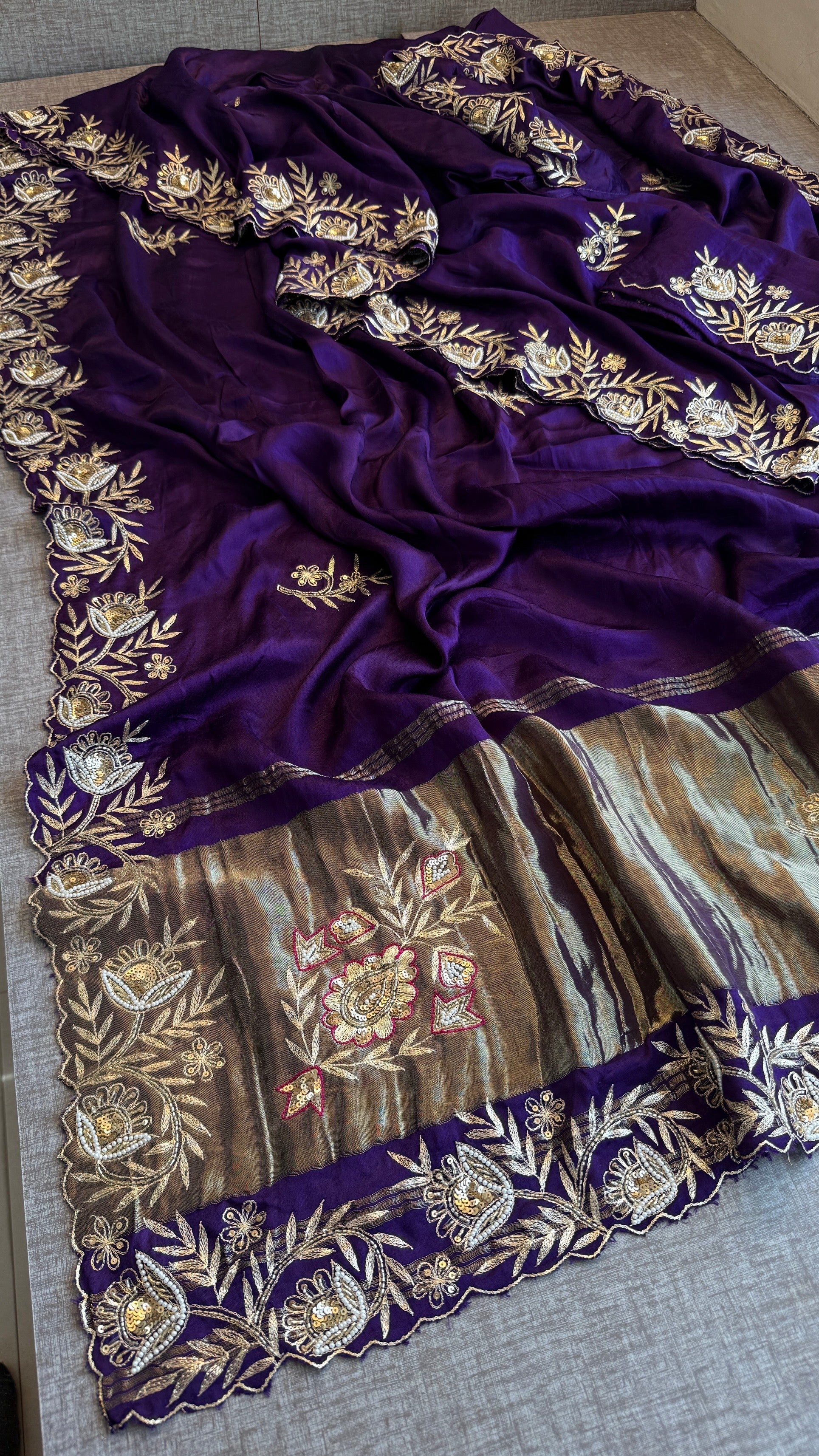 Designer Purple Pure Gajji Silk Saree with Aari, Cutdana, and Gota Patti Handwork with Blouse