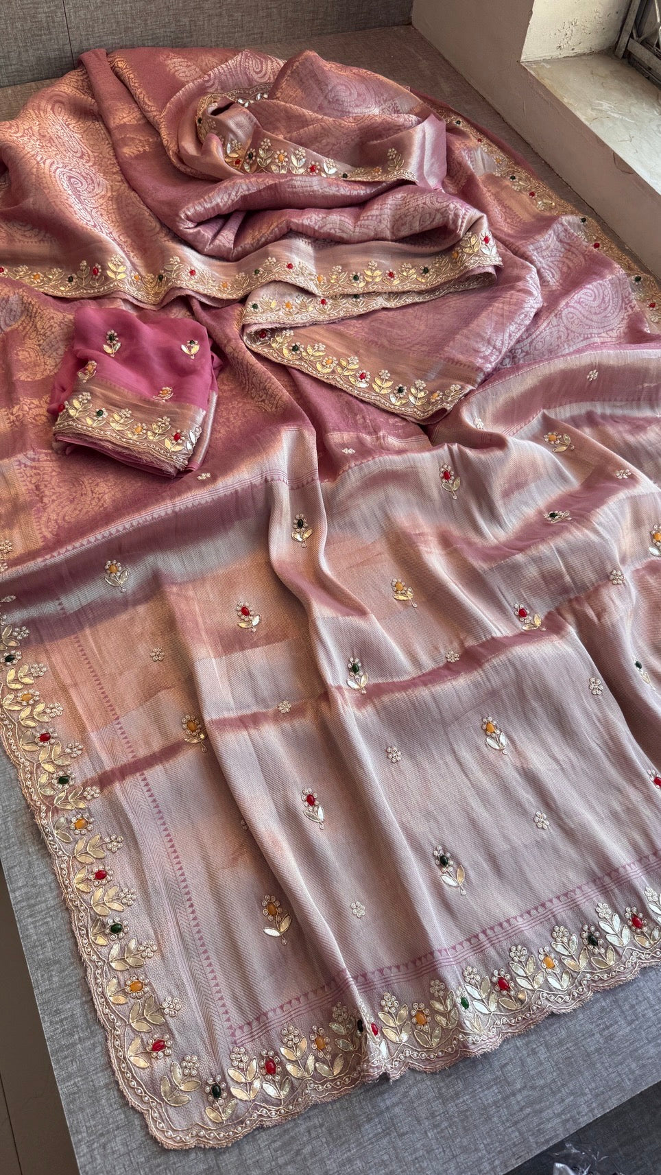 Royal Khaddi Georgette Banarasi Zari Weaving Saree with Gotapatti & Jewellery Stone Embellishment