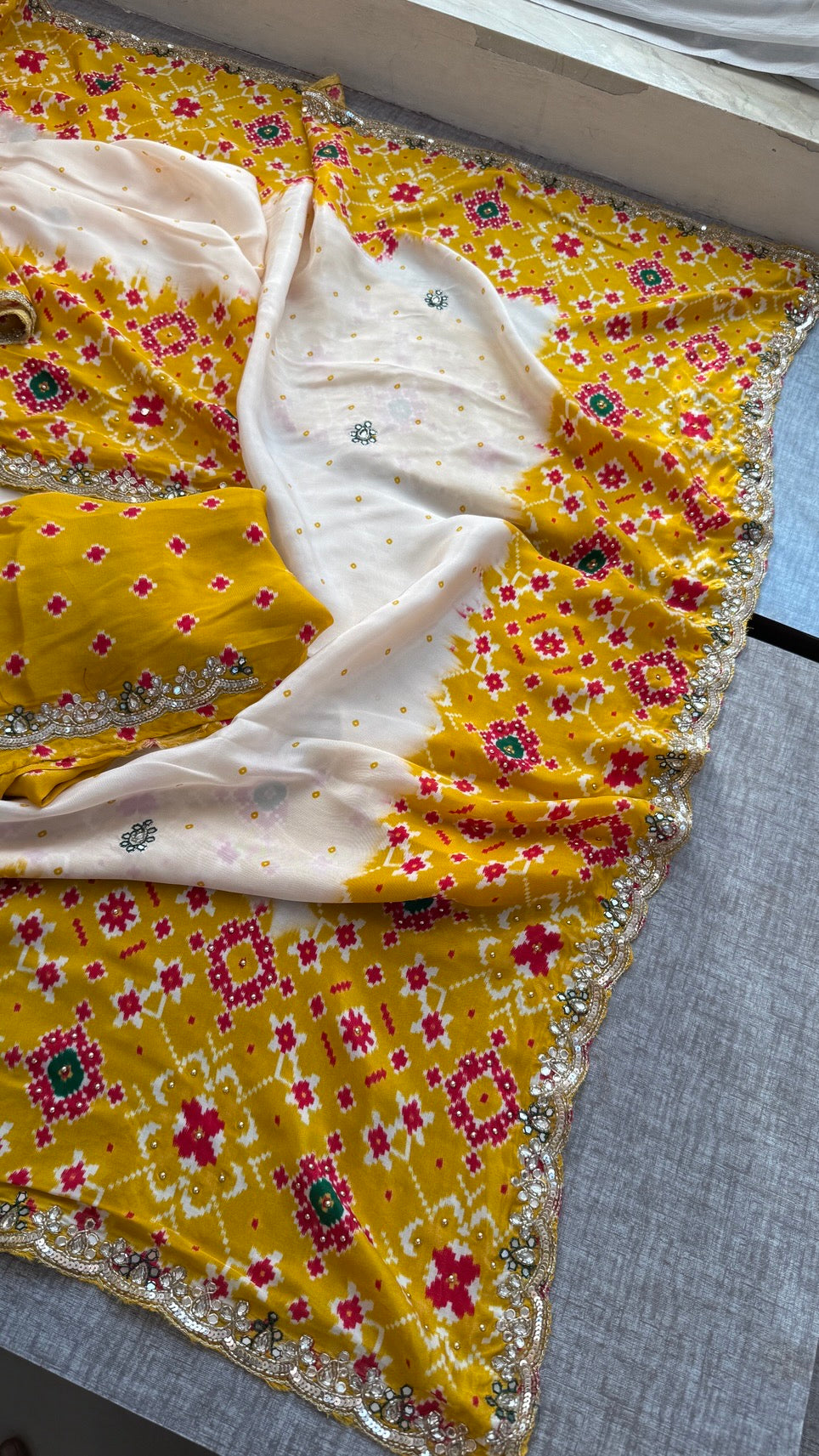 Soft Munga Silk Digital Print Saree with Zardozi, Kutdana, Pearl, Sequins & Stone Work with Designer Blouse
