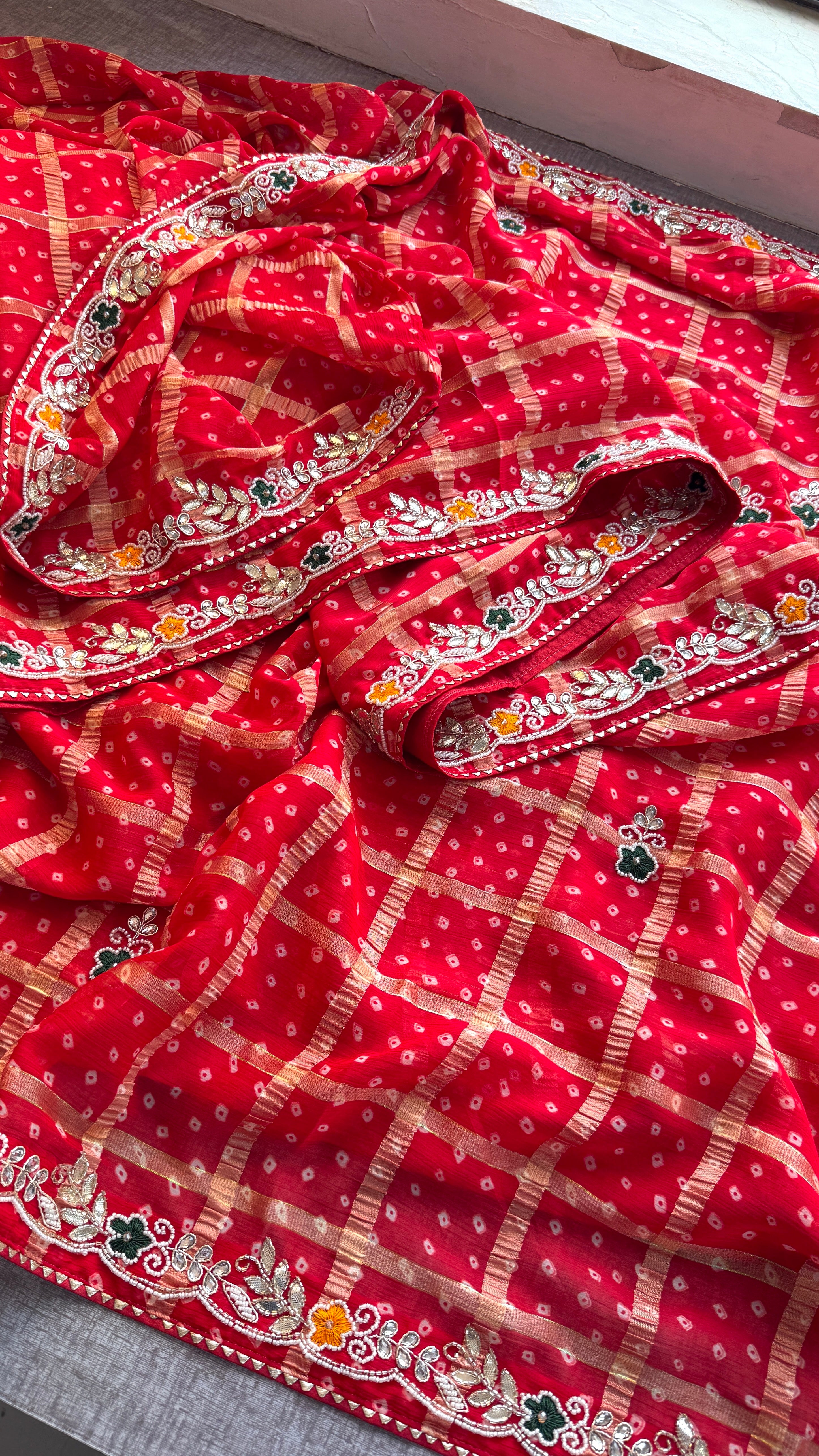 Red Karwachauth Bandhej Saree