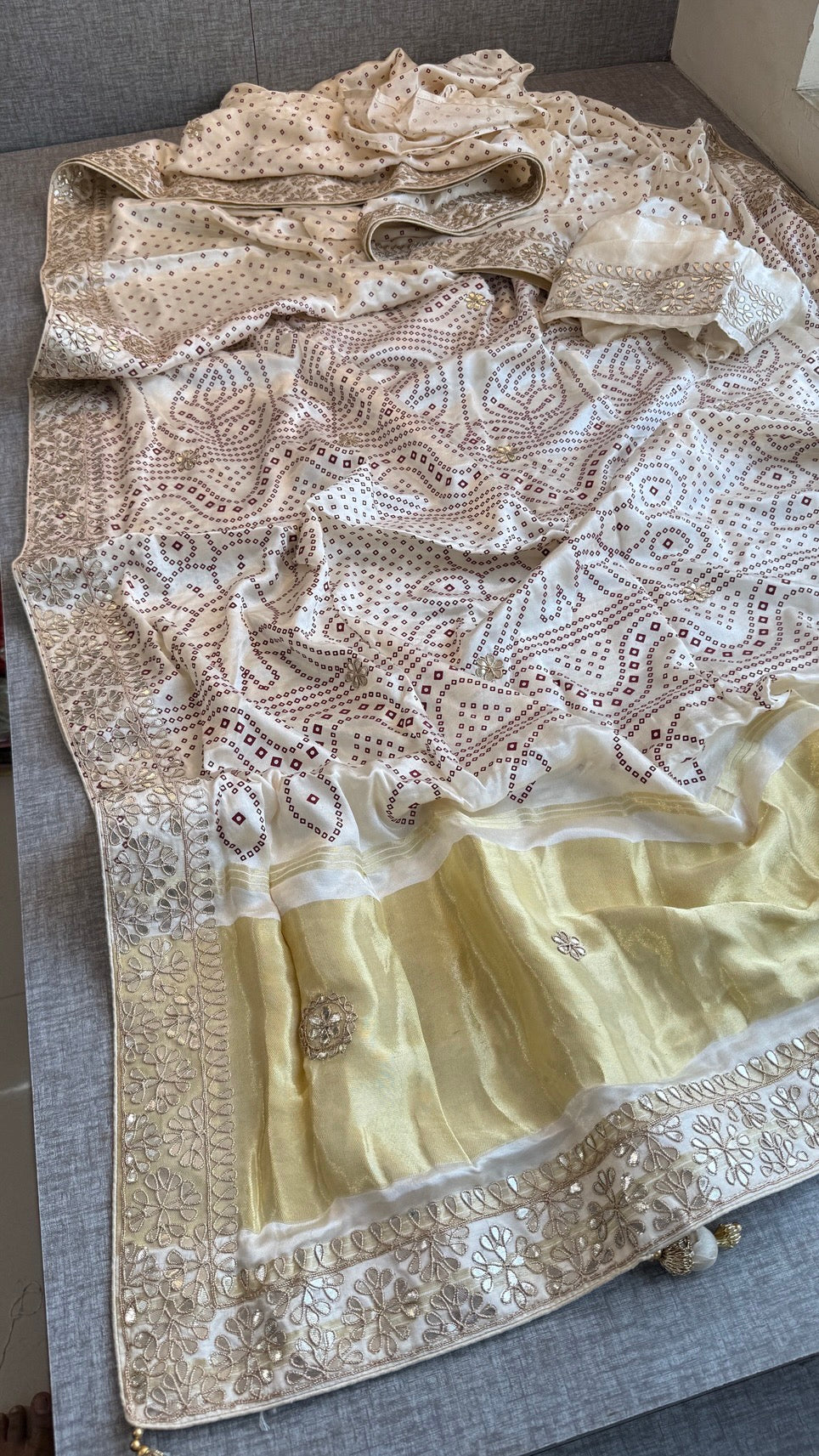 Soft Gajji Silk Lakdi Patta Bandhani Saree with Gotapatti, Zardozi & Pearl Work