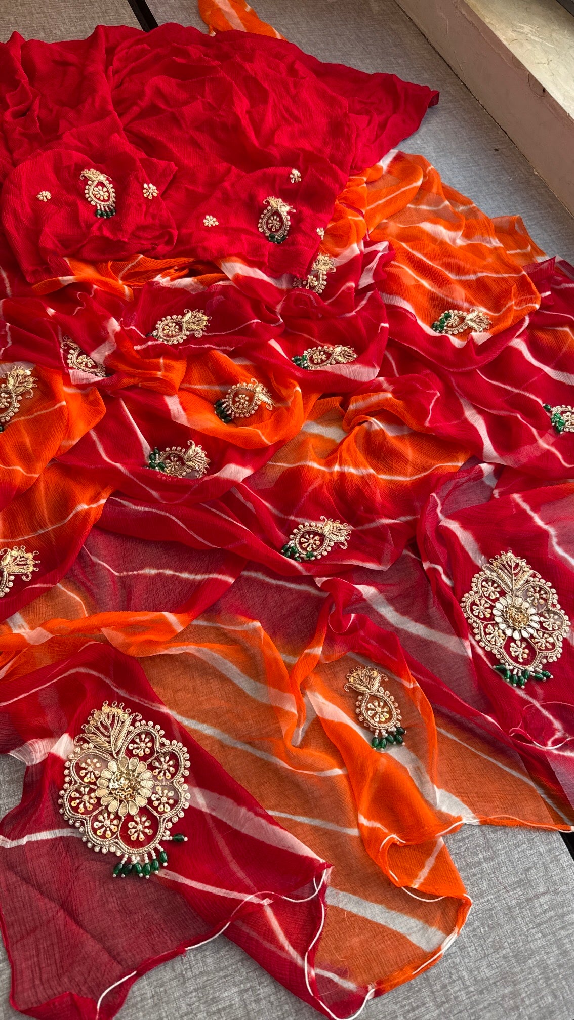 Pure chiffon leheriya with jewellery work