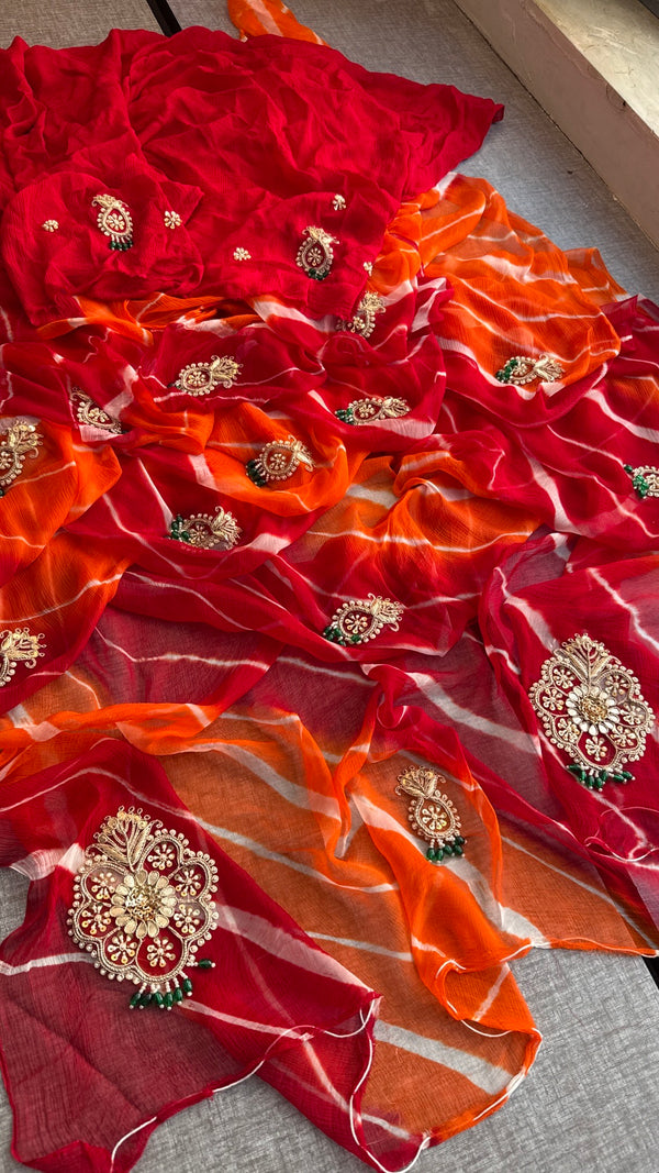 Pure chiffon leheriya with jewellery work