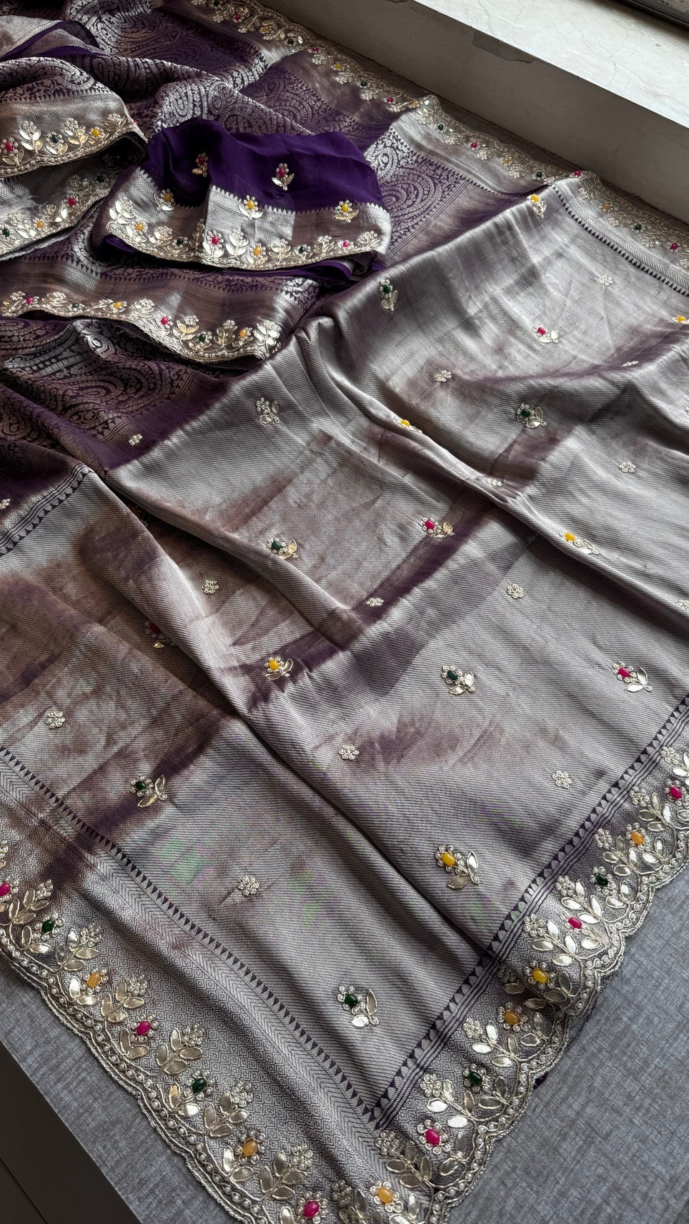 Royal Khaddi Georgette Banarasi Zari Weaving Saree with Gotapatti & Jewellery Stone Embellishment