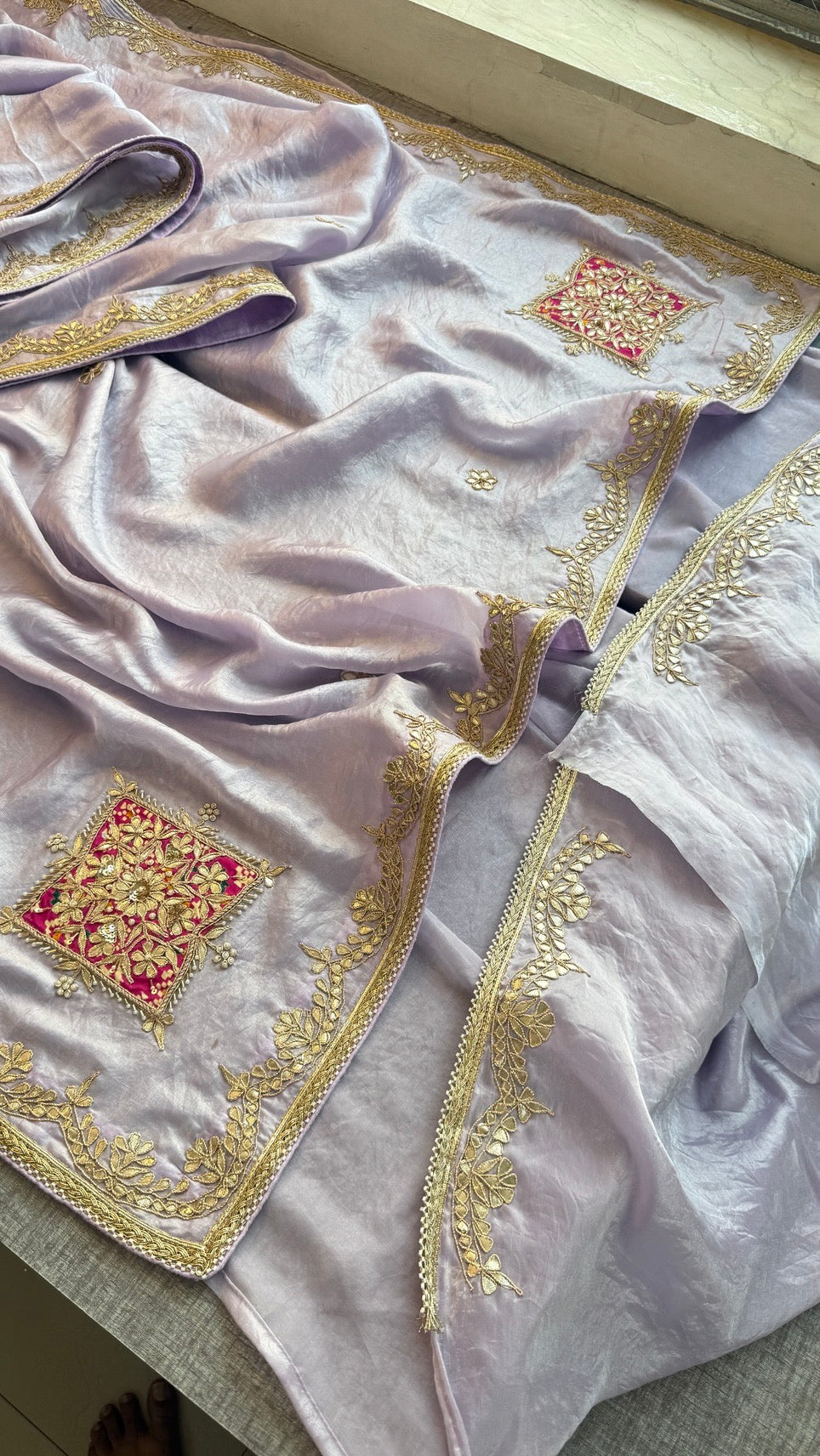 Pure Soft Crepe Silk Saree with Gota Patti, Zardozi, Pearl & Kutdana Handwork