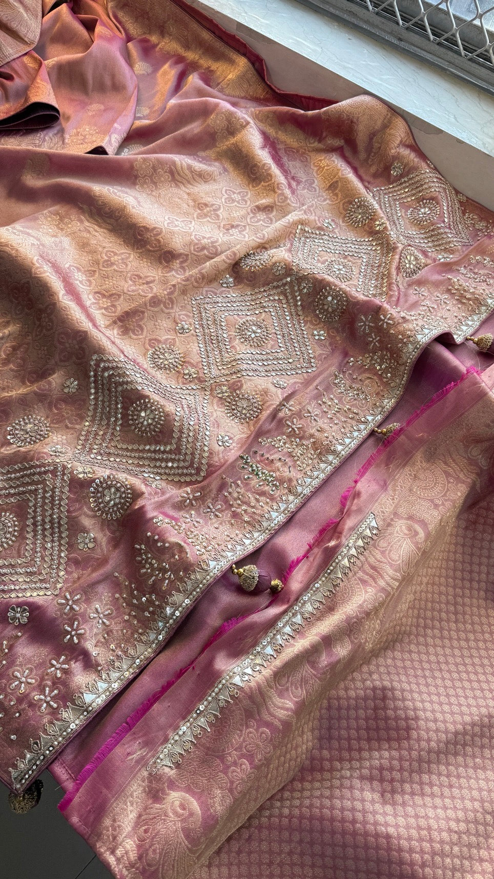 Soft Tissue Silk Banarasi Weaving Saree with Zardozi, Gotapatti, Pearl & Sequin Work