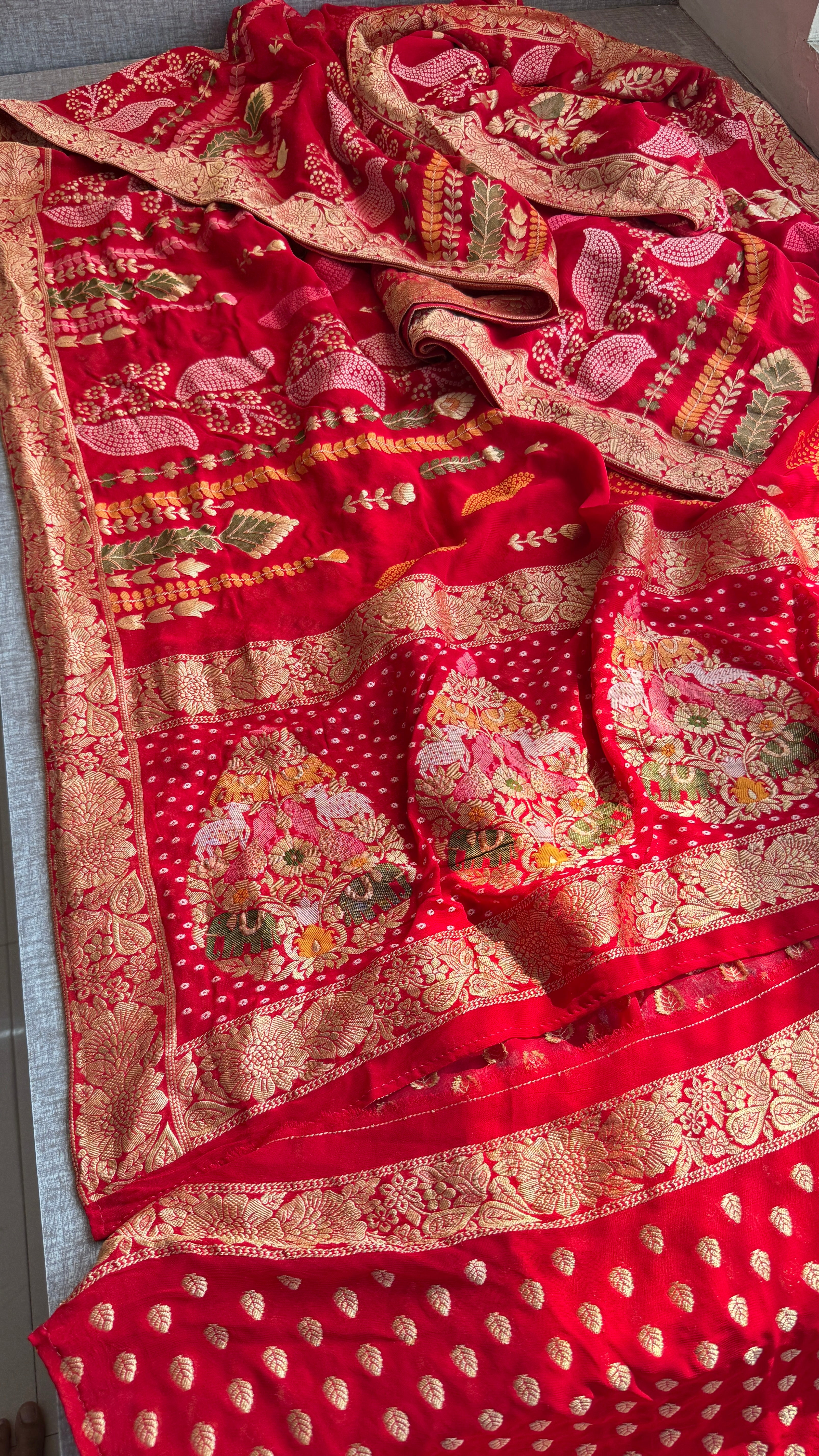 Traditional Red Banarasi Soft Georgette Saree with Heavy Zari Border