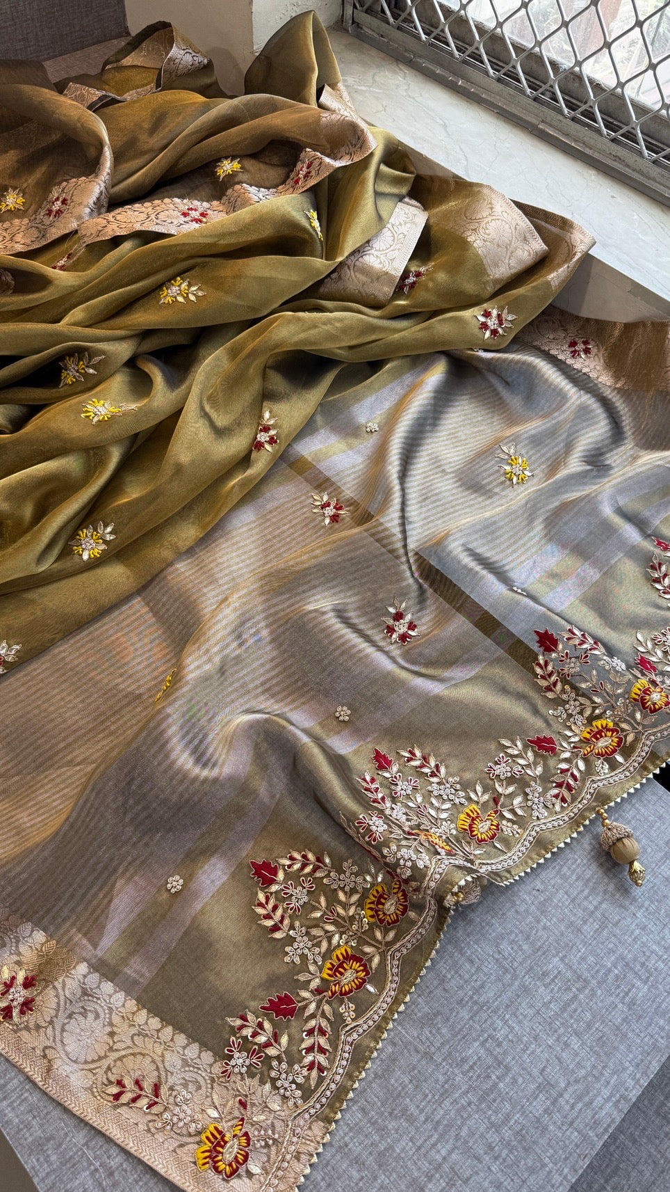 Luxury Tissue Silk Saree with Heavy Handwork Border & Designer Blouse