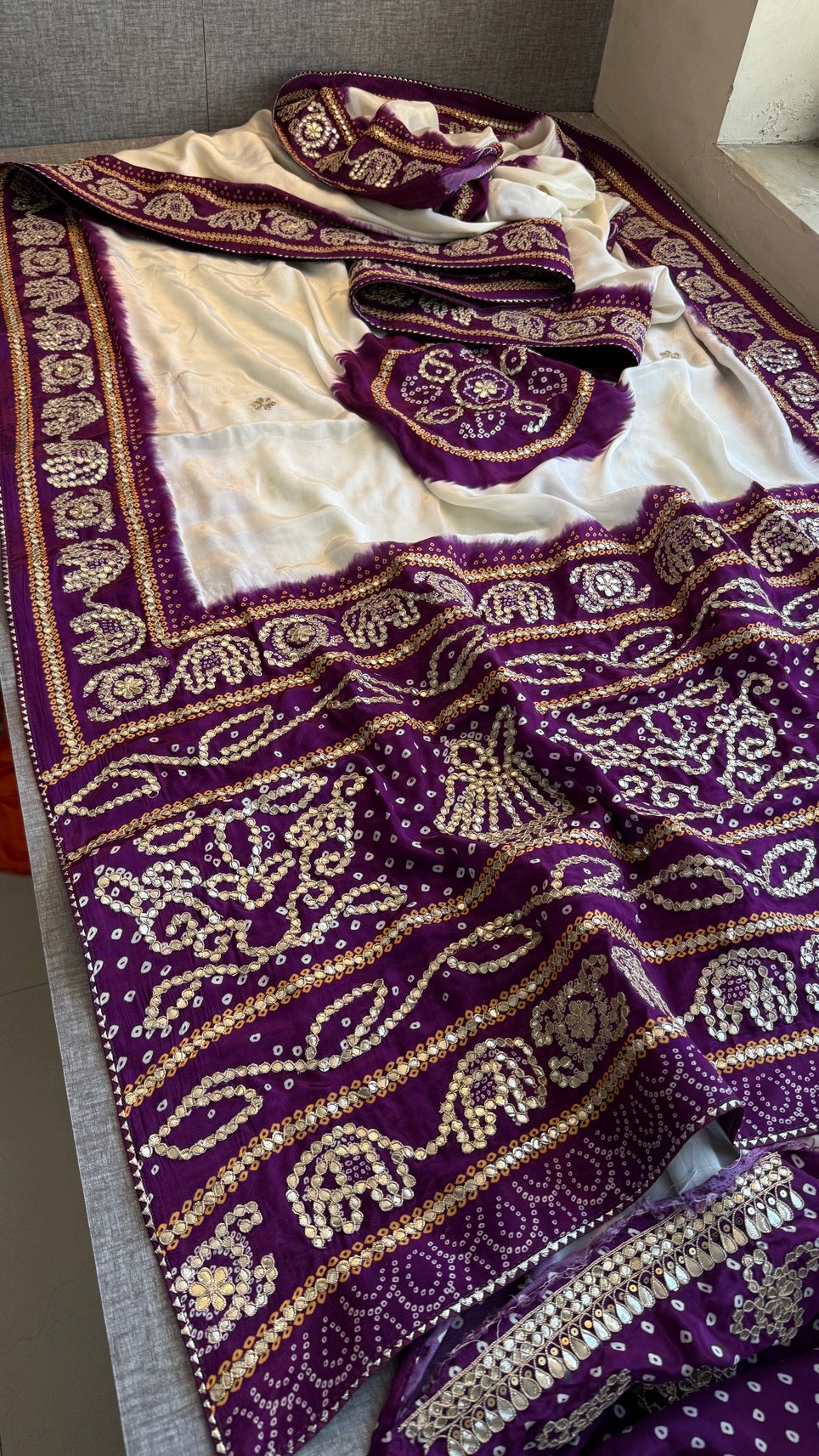 Pure Munga Silk Saree with Elephant Motifs & Gota Patti Work
