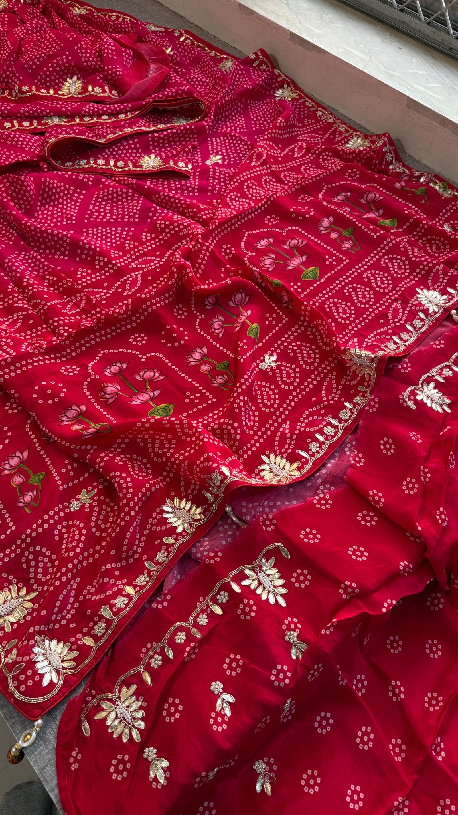Exquisite Handcrafted Bandhani & Munga Silk Saree with Zardozi Work