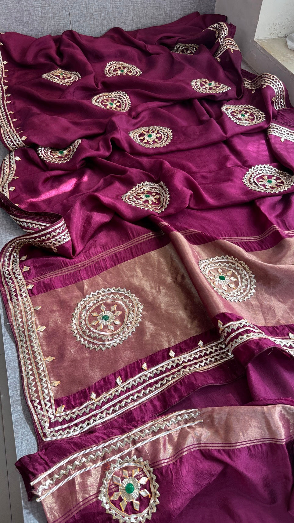 Sunshine Pure Munga Silk Rajwadi Pattern Rajasthani Jaipuri Saree with Sikhiya Gota Patti Work