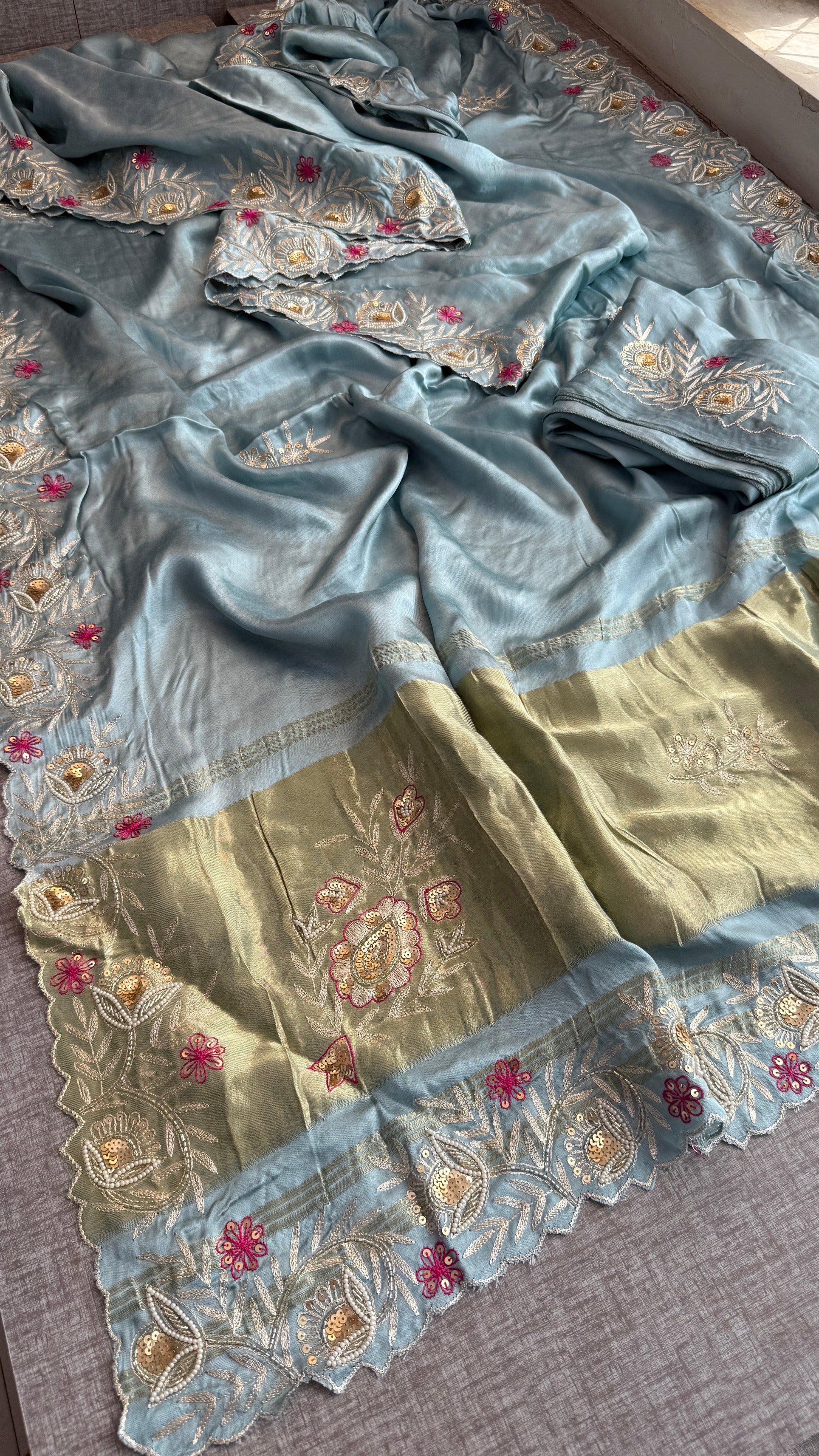 Designer Pure Gajji Silk Saree with Aari, Cutdana, and Gota Patti Handwork with Blouse