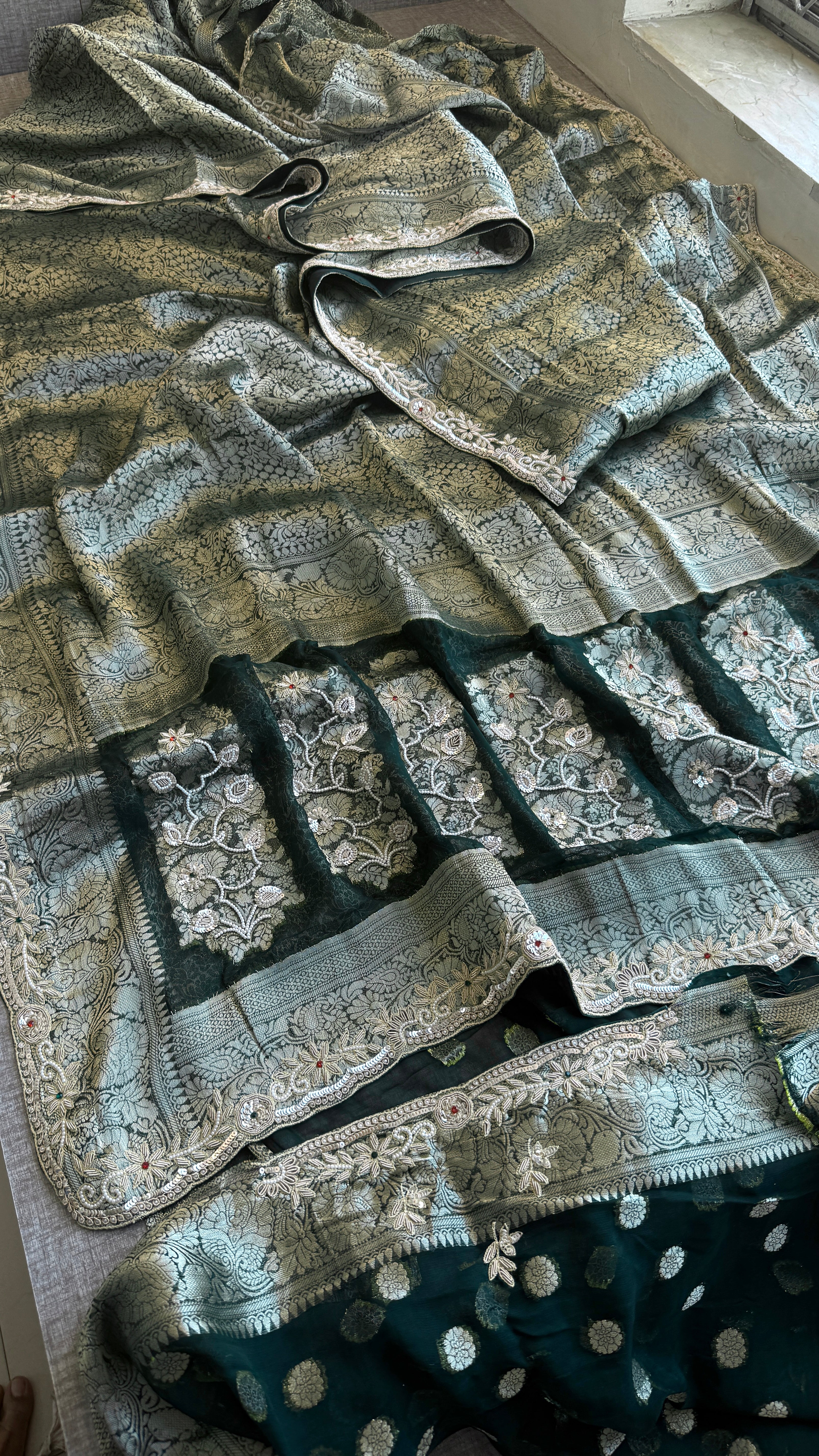 Pure Khaddi Georgette saree Adorned With Zardozi, Sequins , Pearl and Stone