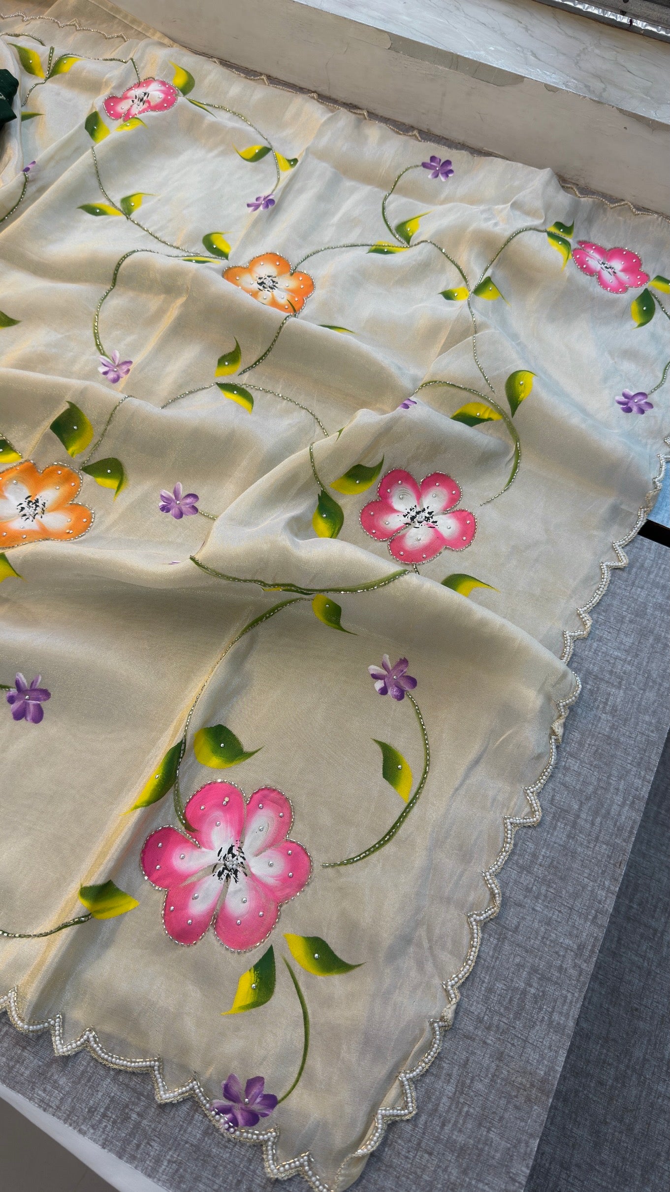 Exquisite Floral Hand-Painted Munga Silk Saree | Designer Ethnic Wear