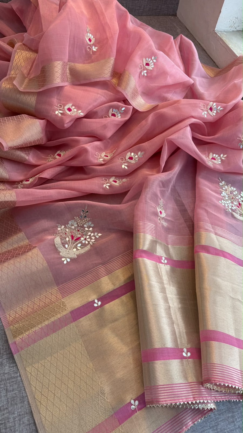 Cotton Tissue Silk Saree with Zari Border & Resham Moti Butti | Festive Wear Saree with Matching Blouse