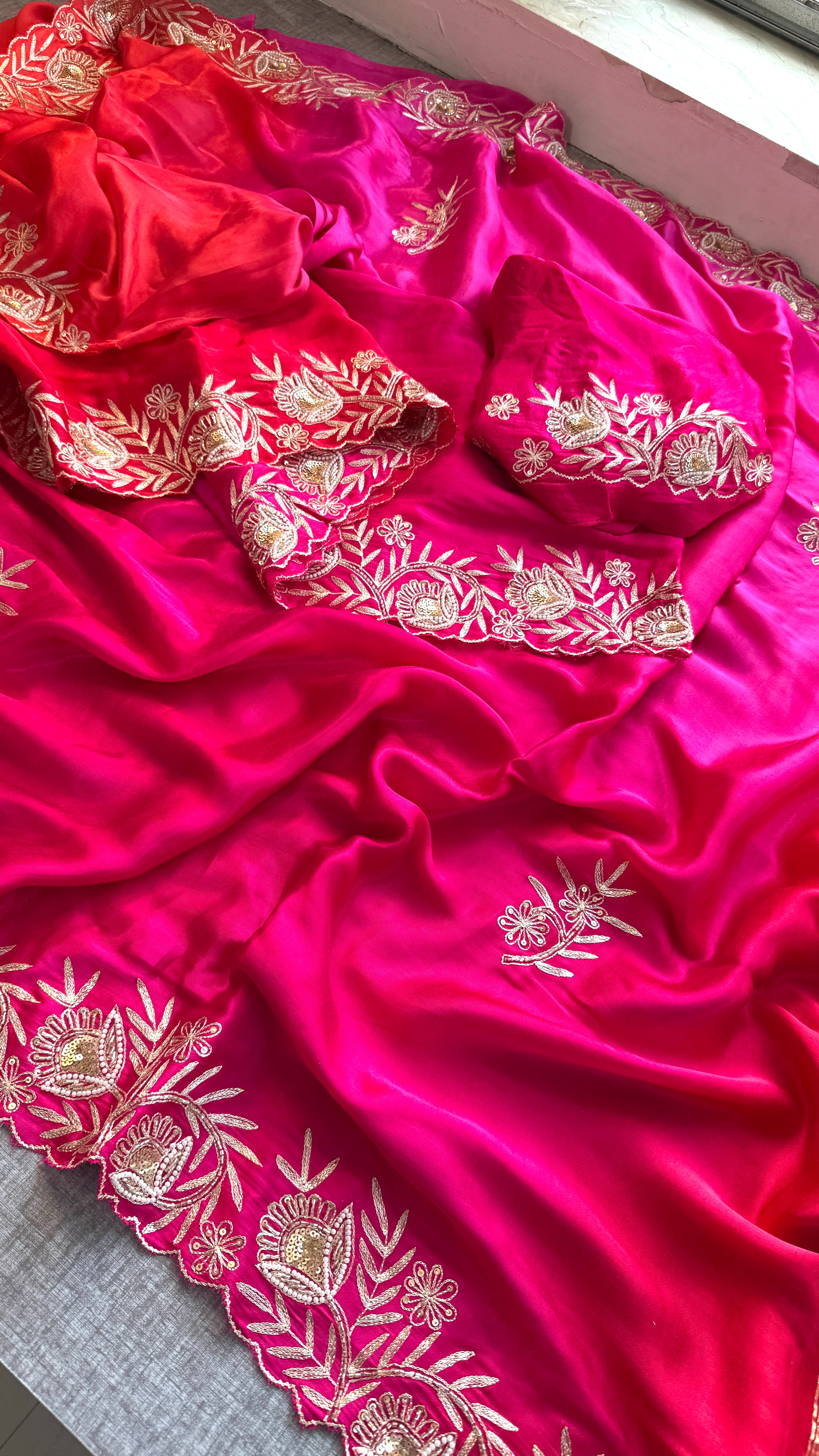 Handcrafted Gajji Silk Aari Work Saree in Red and Rani Tone