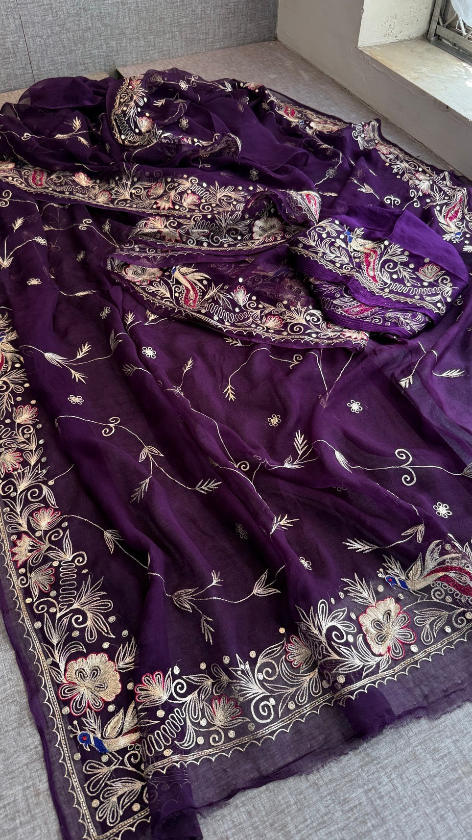 Handcrafted Chiffon Saree with Aari Pittan Peacock Work
