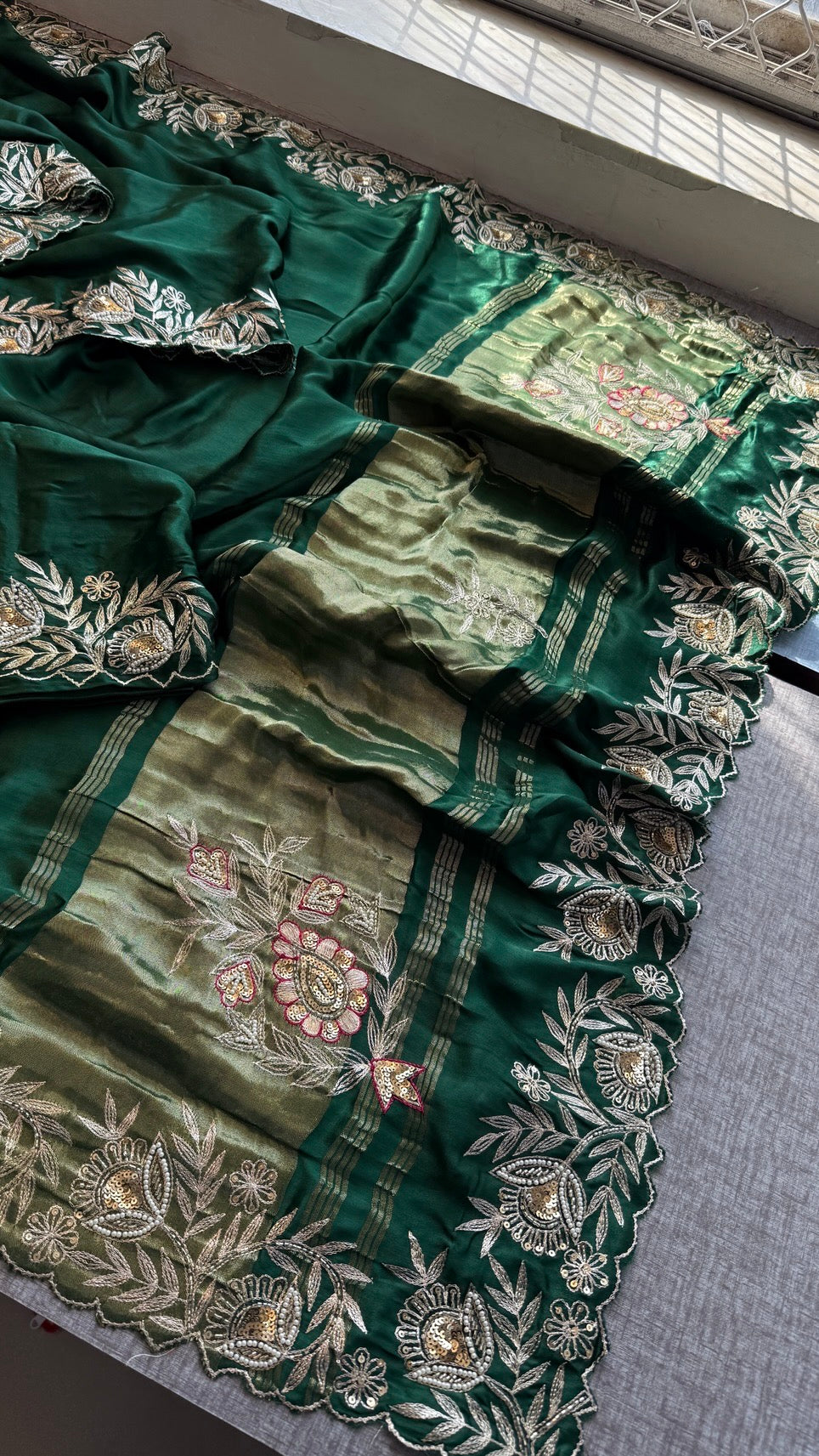 Soft Gajji Silk Lakdi Patta Banarasi Saree with Zardozi, Kasab, Pearl & Sequins Work