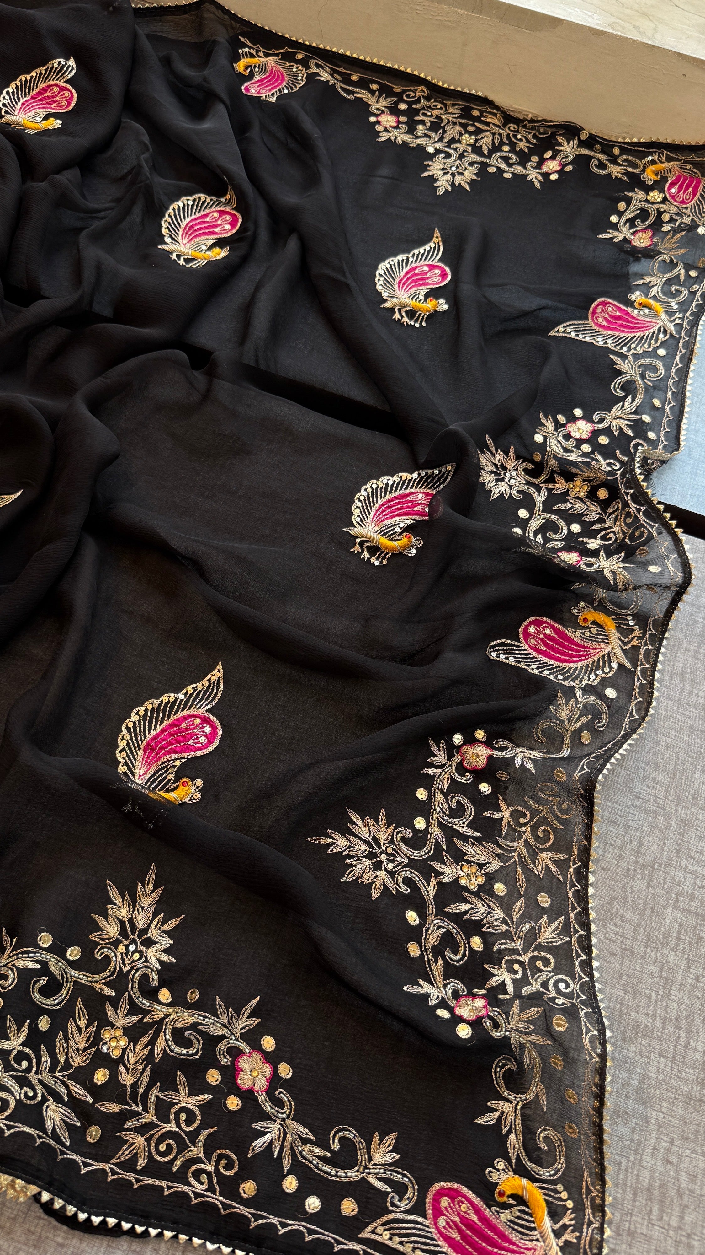 Black chiffon Saree with zardozi, kutdana and sequins work