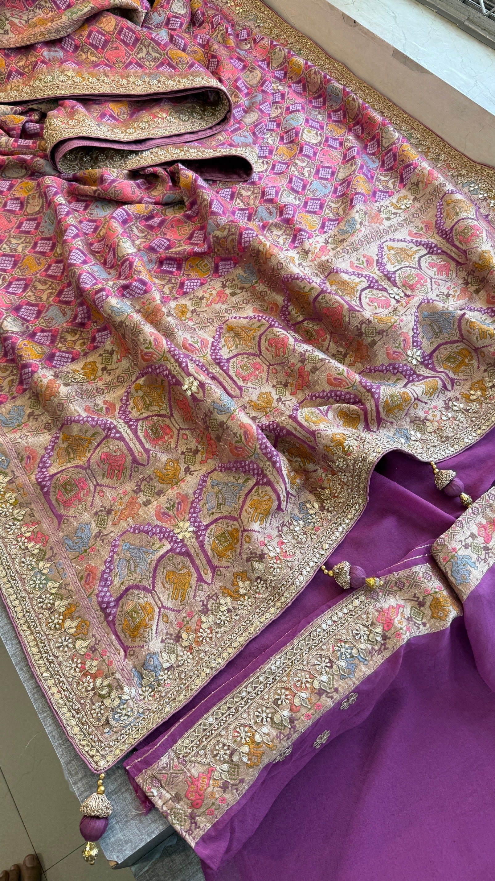Khaddi georgette Banarasi weaving Saree with gotapatti work and tussles over pallu