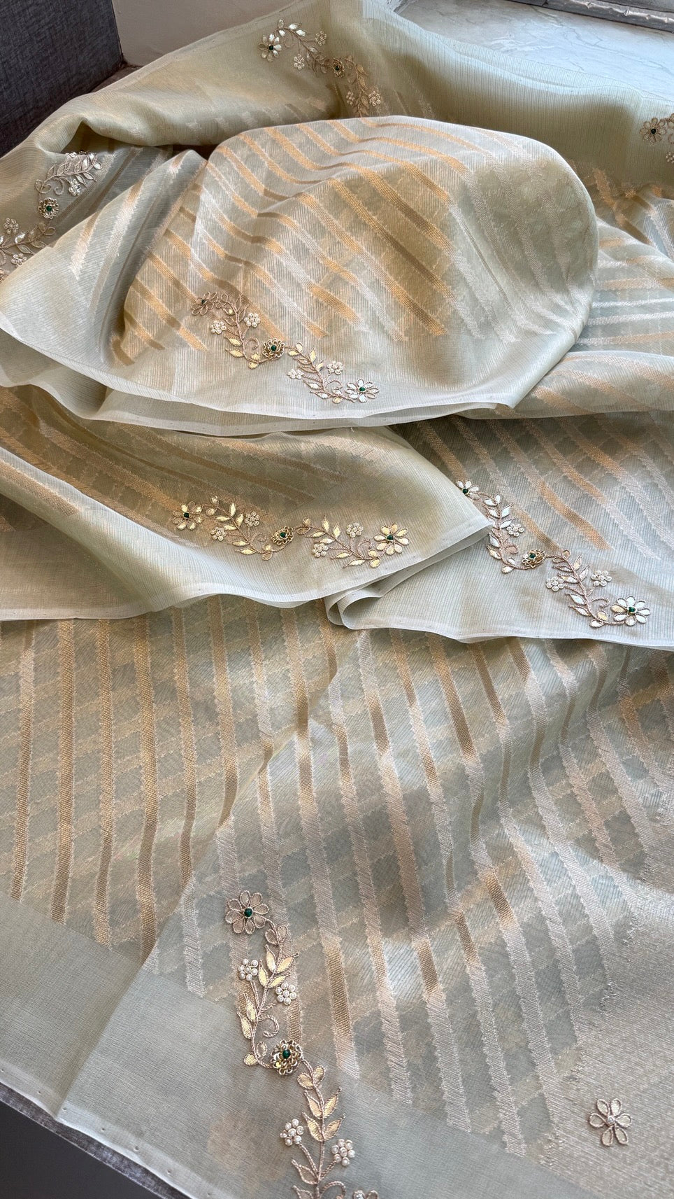 Pure Tissue Silk Zari Weaving Saree with Handcrafted Gota Patti & Moti Work | Soft Leheriya Tissue Silk Saree