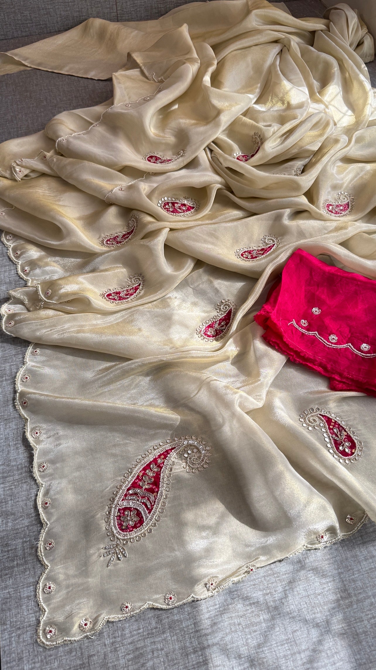 Pure Cosmo Tissue Silk Saree | Ivory & Purple Paisley Aari Work Saree | Sequin & Moti Embroidery | Scalloped Border