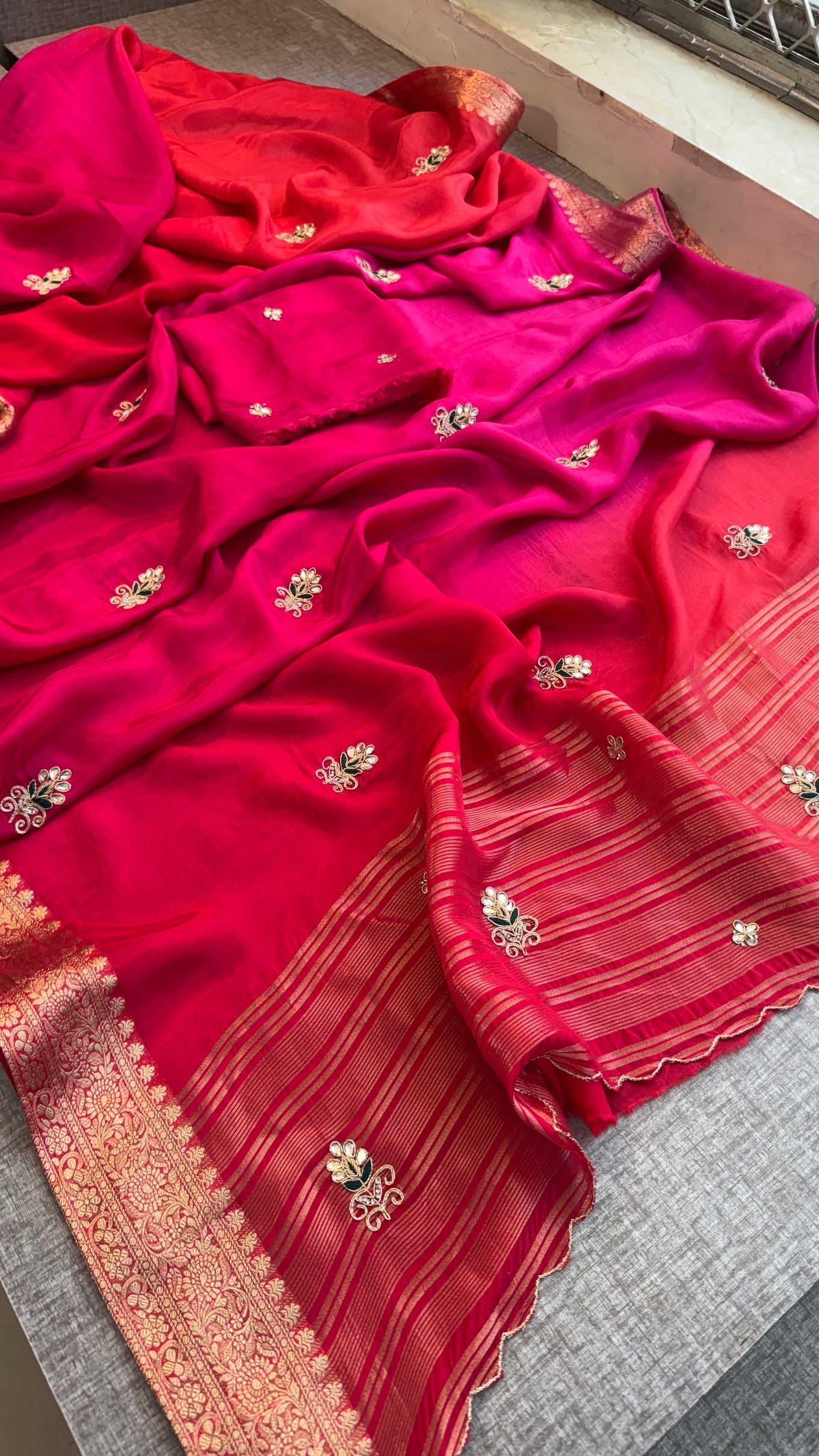 Stunning Dual-Tone Pink and Red Pure Silk Saree with Gota Patti Handwork and Banarasi Border