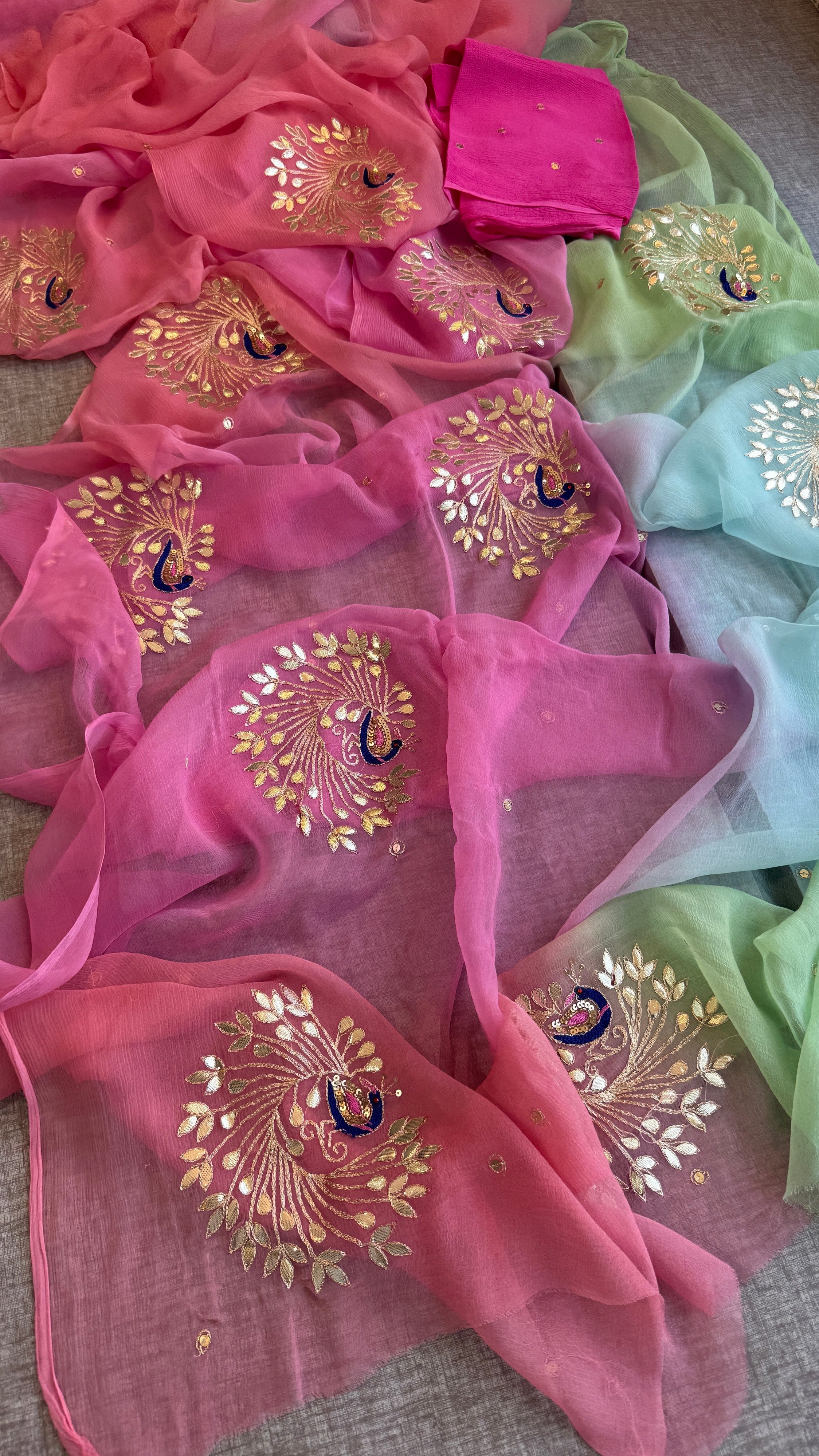 Pure Chiffon Peacock Embroidered Saree with Matching Blouse