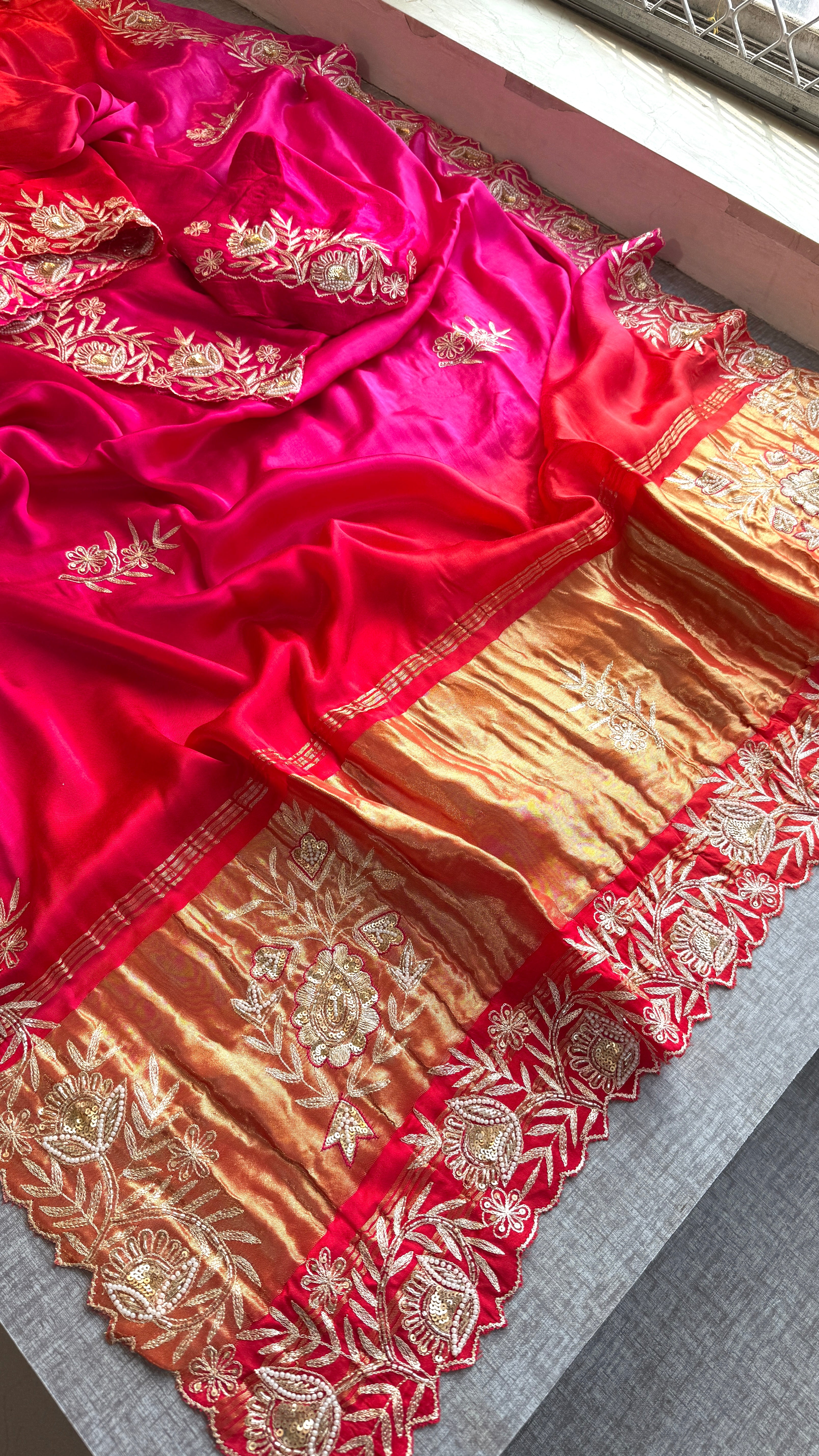 Handcrafted Gajji Silk Aari Work Saree in Red and Rani Tone