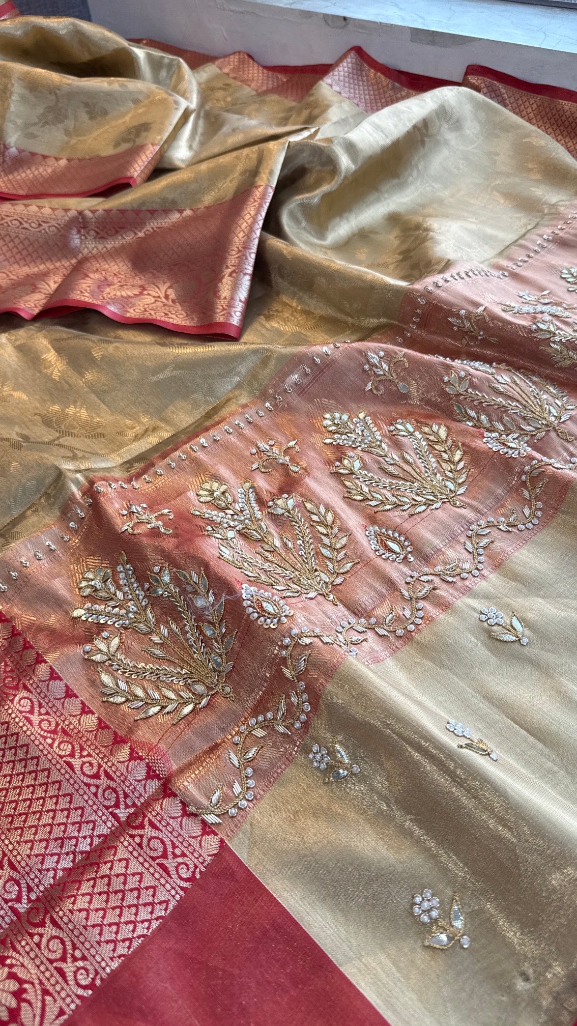 Gold and Red Kanjivaram Banarasi Silk Zari Weaving Saree with Gota Patti and Zardozi Handwork, Designer Wedding & Festive Wear