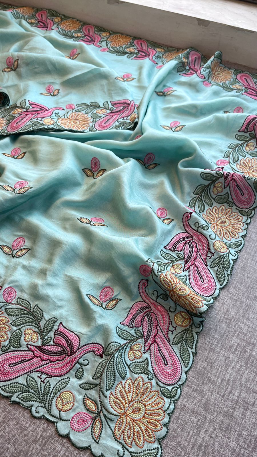 Pastel Blue Munga Silk Saree with Hand Embroidered Peacock & Floral Motifs,