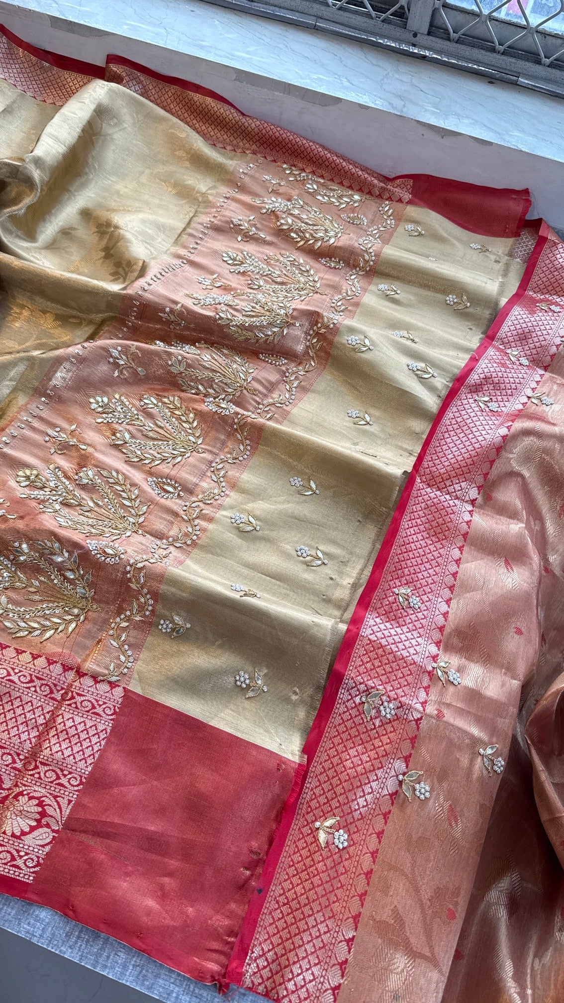 Gold and Red Kanjivaram Banarasi Silk Zari Weaving Saree with Gota Patti and Zardozi Handwork, Designer Wedding & Festive Wear