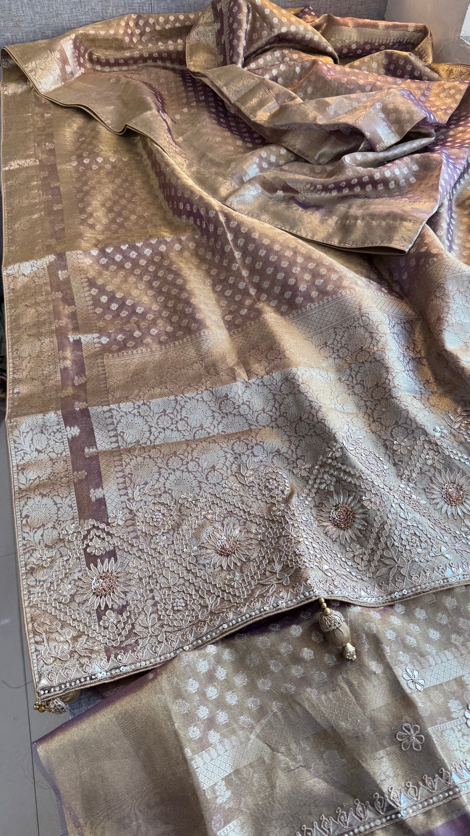 Soft Tissue Silk Banarasi Weaving Saree with Zardozi, Gotapatti, Pearl & Sequin Work