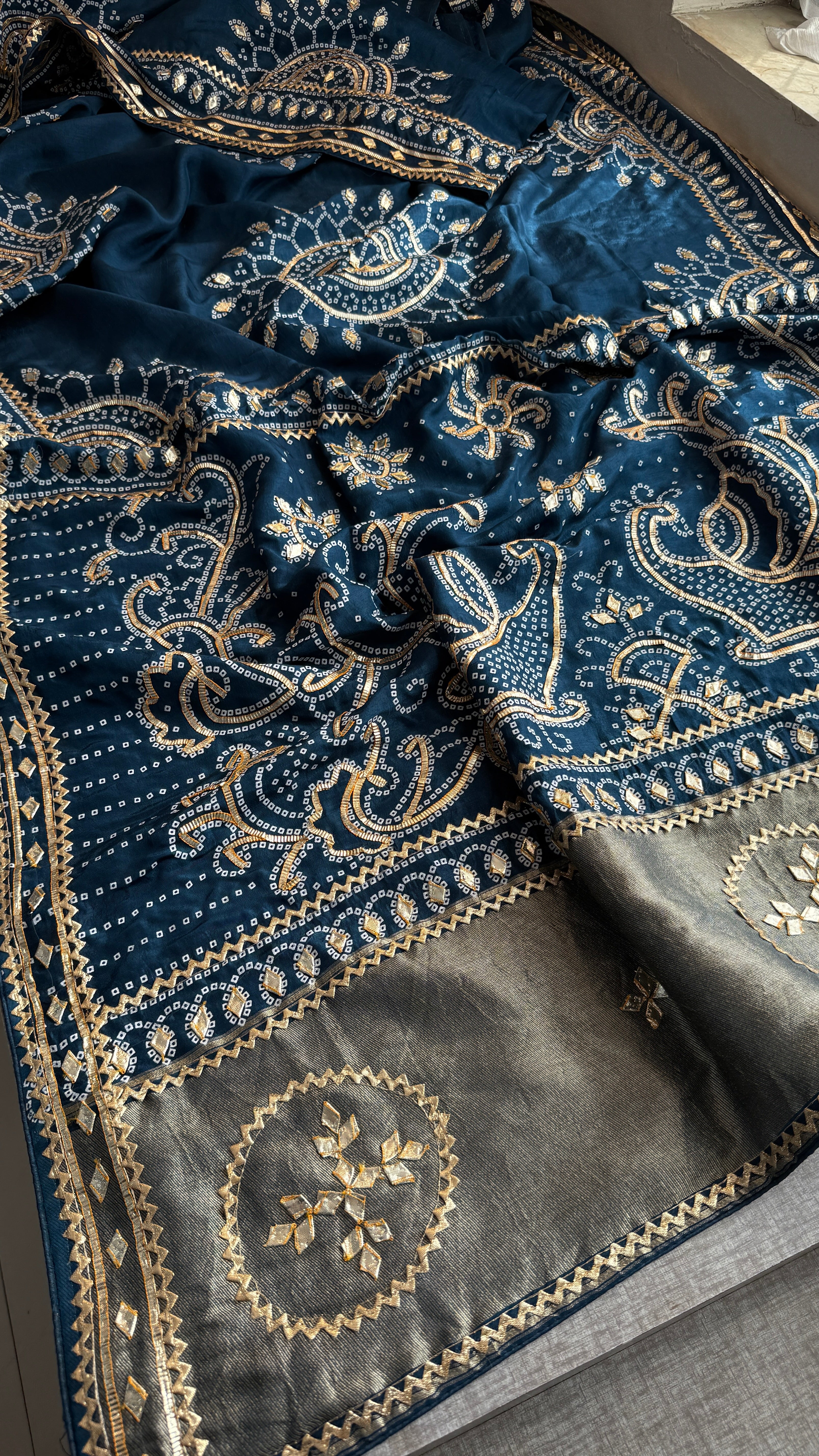 Lakdi Patta saree with sikhiya gotapatti peacock pattern