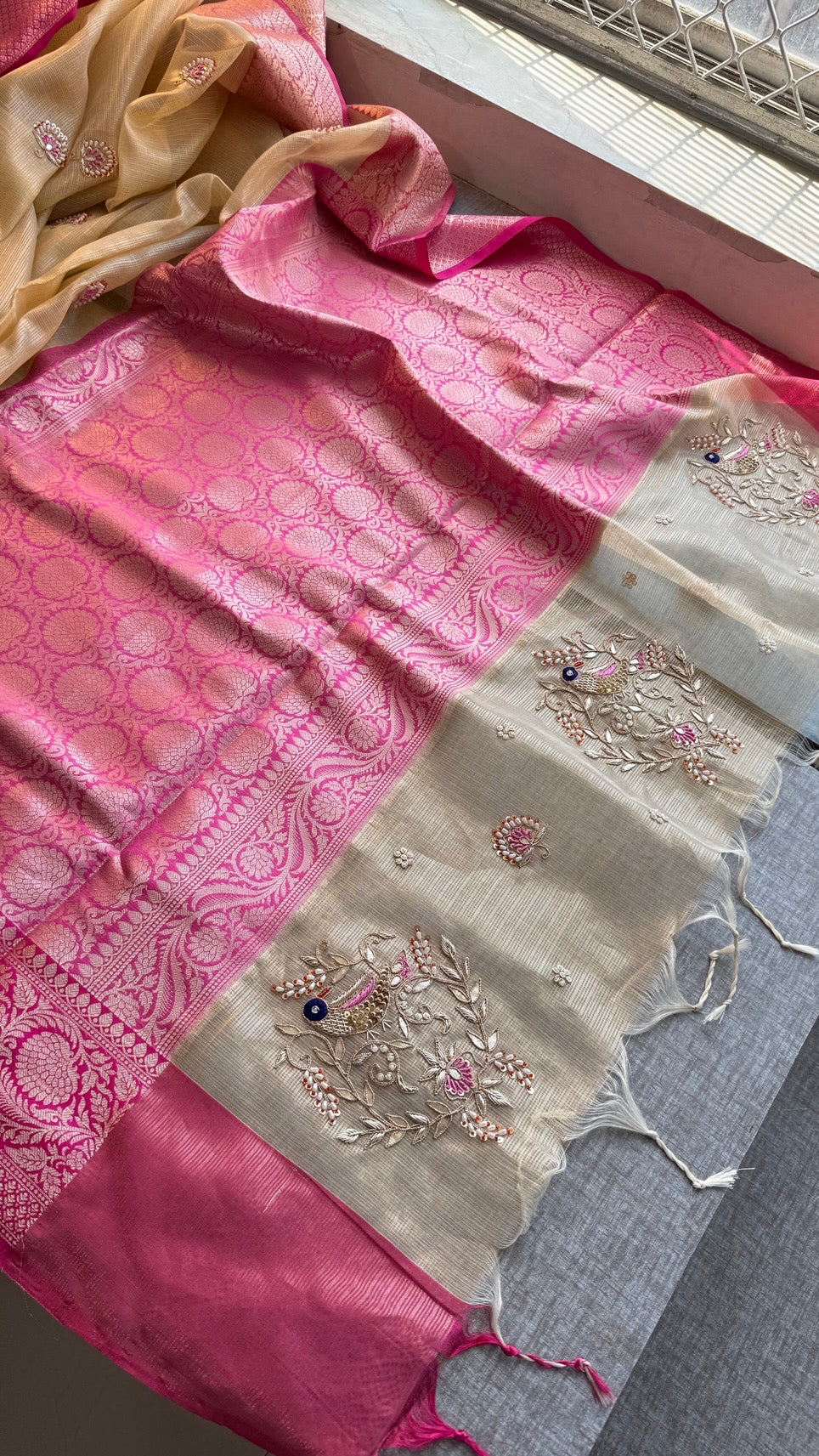 Soft Tissue Kota Silk Banarasi Weaving Saree with Gotapatti, Pearl & Sequin Embellishments